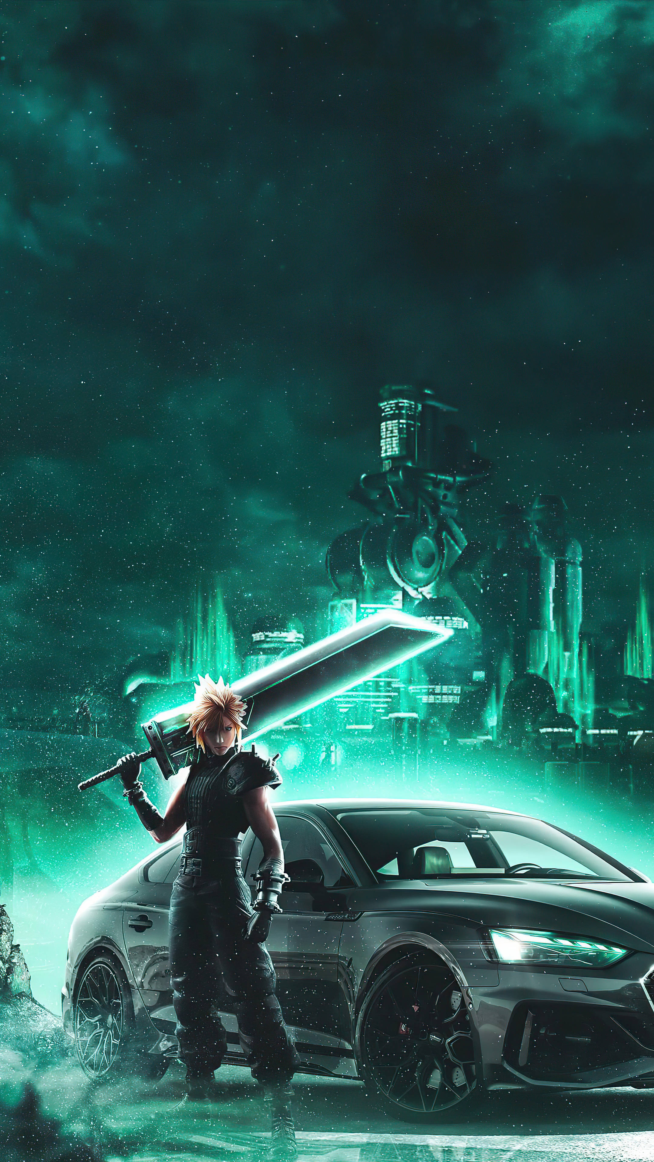 桌布 壁紙 — 一個尖刺頭髮的戰士在霓虹綠色 cyberpunk 天空下，在一輛流線型黑色跑車旁邊揮舞著一把發光的劍。