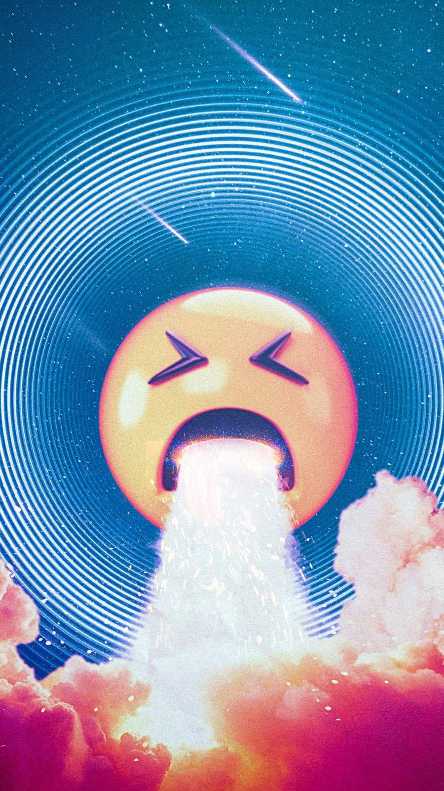 生病 桌布 壁紙 — 一個尖叫的表情符號從雲層中爆發出來，背景是帶有同心圓環和流星的星空藍天。