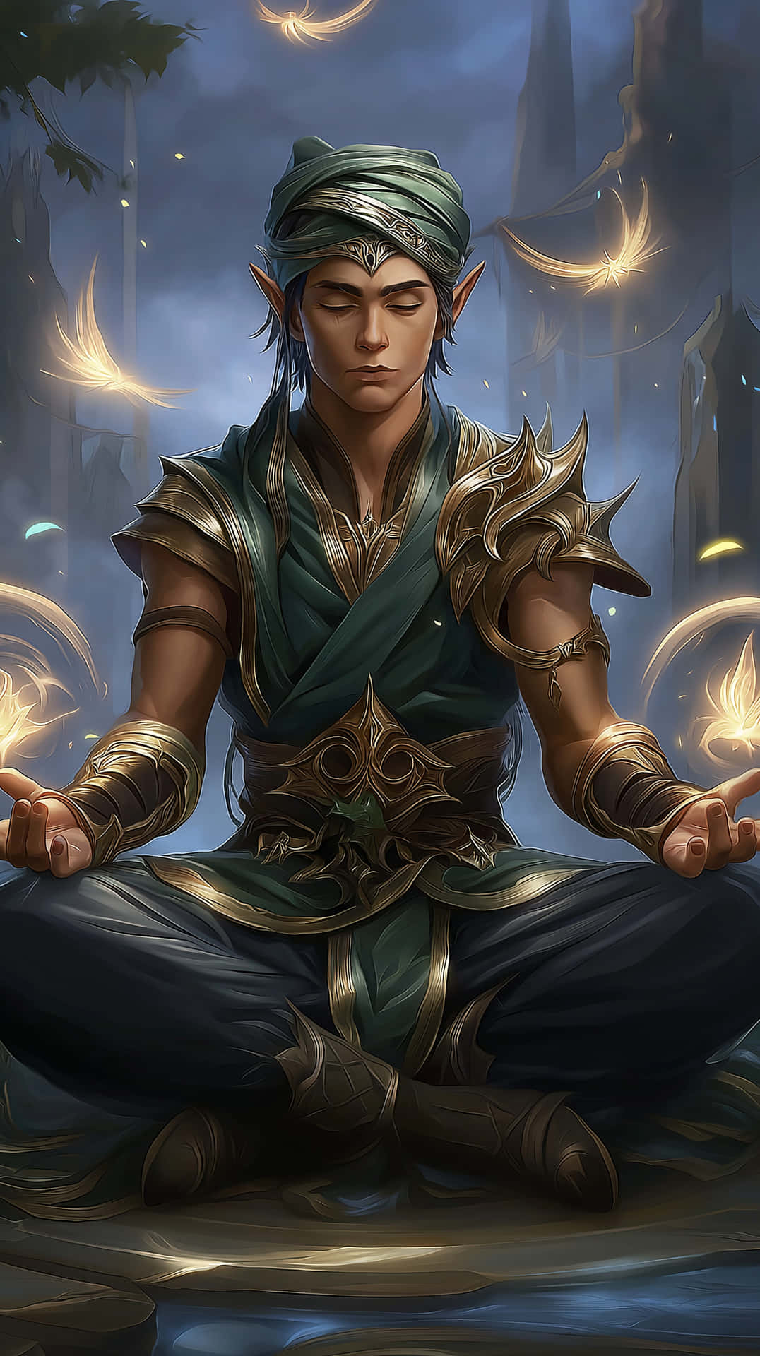 Elf Mage Meditating with Floating Orbs 壁紙 — 一個尖耳朵的精靈在神秘森林中盤腿冥想，發光球體漂浮在他伸出的雙手周圍。