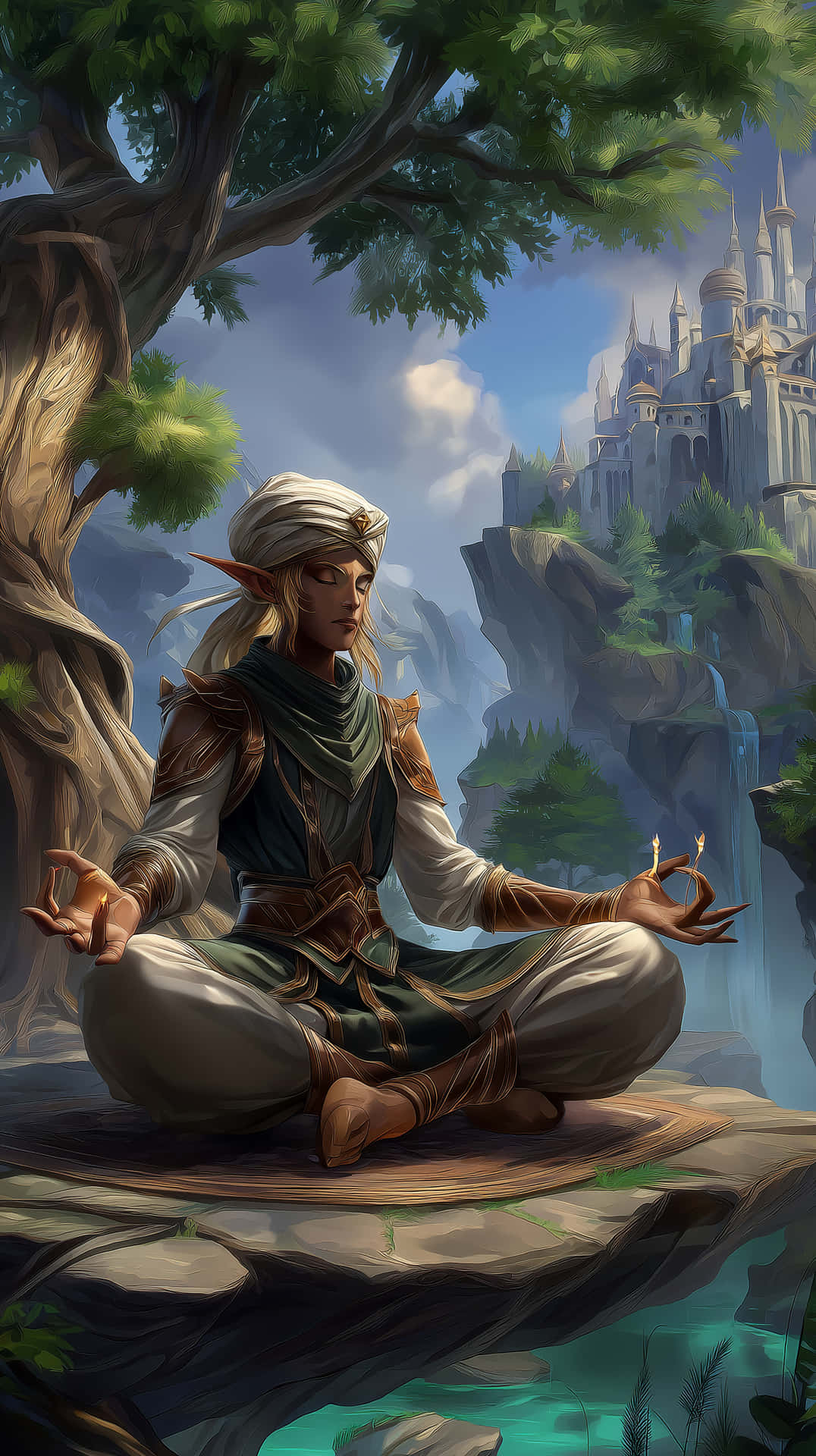Elf Mage Meditating in Mystical Landscape 壁紙 — 一個尖耳朵的精靈盤腿坐在懸崖邊，在一棵樹下冥想，背景有遠處的城堡和瀑布。