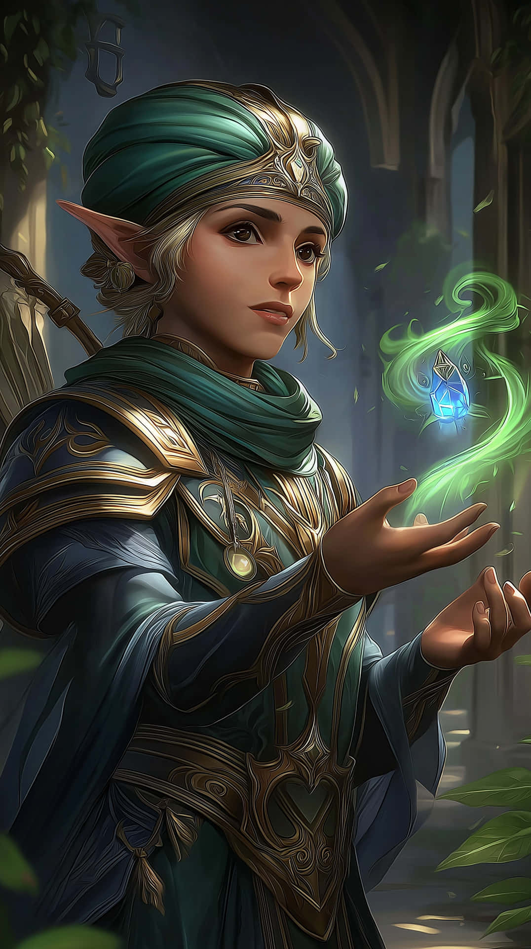 Elf Mage Conjuring Spell in Ancient Setting 壁紙 — 一個尖耳綠頭巾的精靈在森林拱門中從藍色水晶引導發光的綠色魔法。