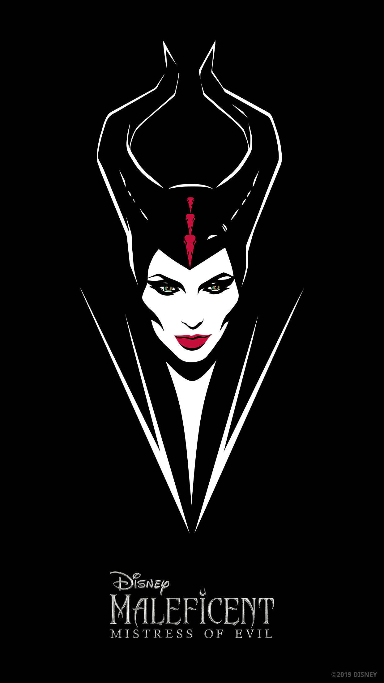 梅菲瑟 桌布 壁紙 — 一個尖銳的白色剪影，梅菲瑟長著尖角，紅色點綴在黑色背景上。