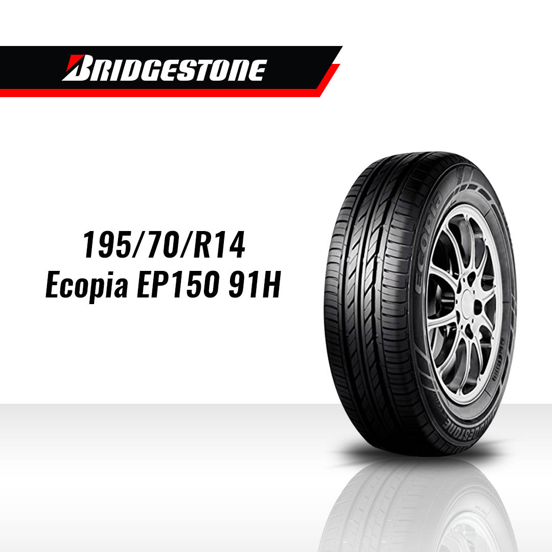 標誌 桌布 壁紙 — 一個尺寸為195/70/R14的Bridgestone Ecopia EP150輪胎安裝在銀色合金輪圈上，在工作室燈光下展示並帶有反射效果。