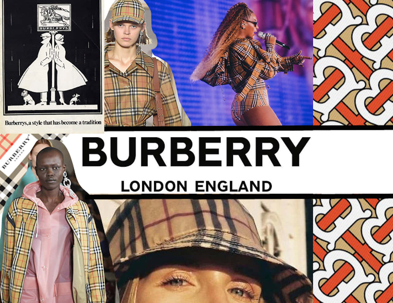 Burberry 桌布 壁紙 — 一個展示 Burberry 時尚的拼貼畫，模特兒穿著標誌性格子圖案和品牌標誌，背景多樣。