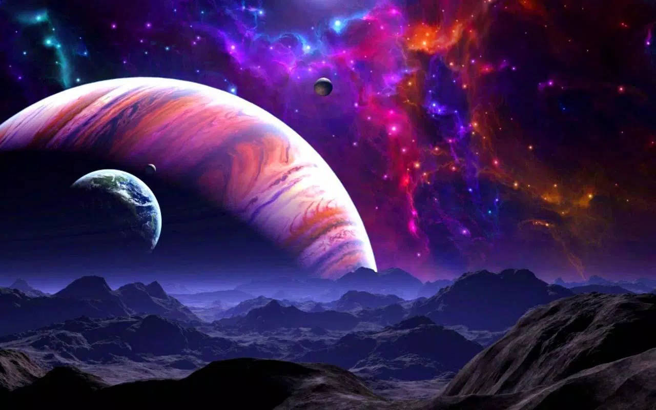太空電腦 桌布 壁紙 — 一個岩石外星景觀仰望一顆巨大的條紋行星和類似地球的衛星，背景是充滿活力的宇宙星雲。