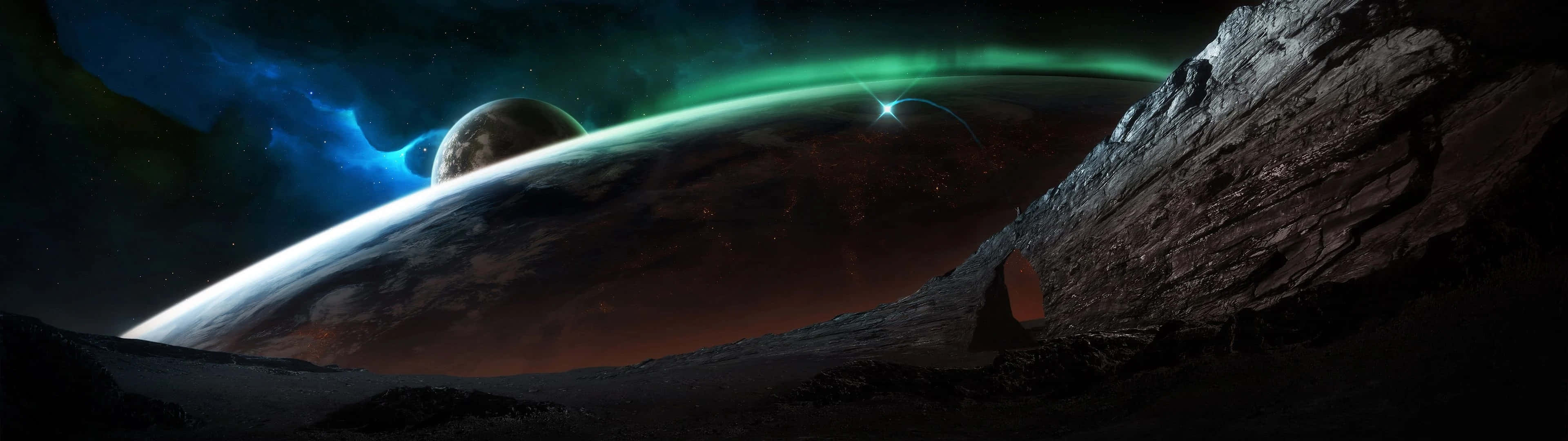 桌布 壁紙 — 一個岩石外星景觀俯瞰著一顆在宇宙天空中帶有發光綠色極光和藍色星雲的行星。