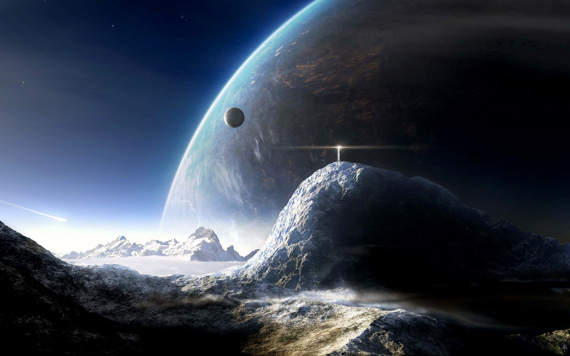 科幻 桌布 壁紙 — 一個岩石外星行星上的雪峰，背景有發光的太陽和一顆巨大的藍綠色行星。