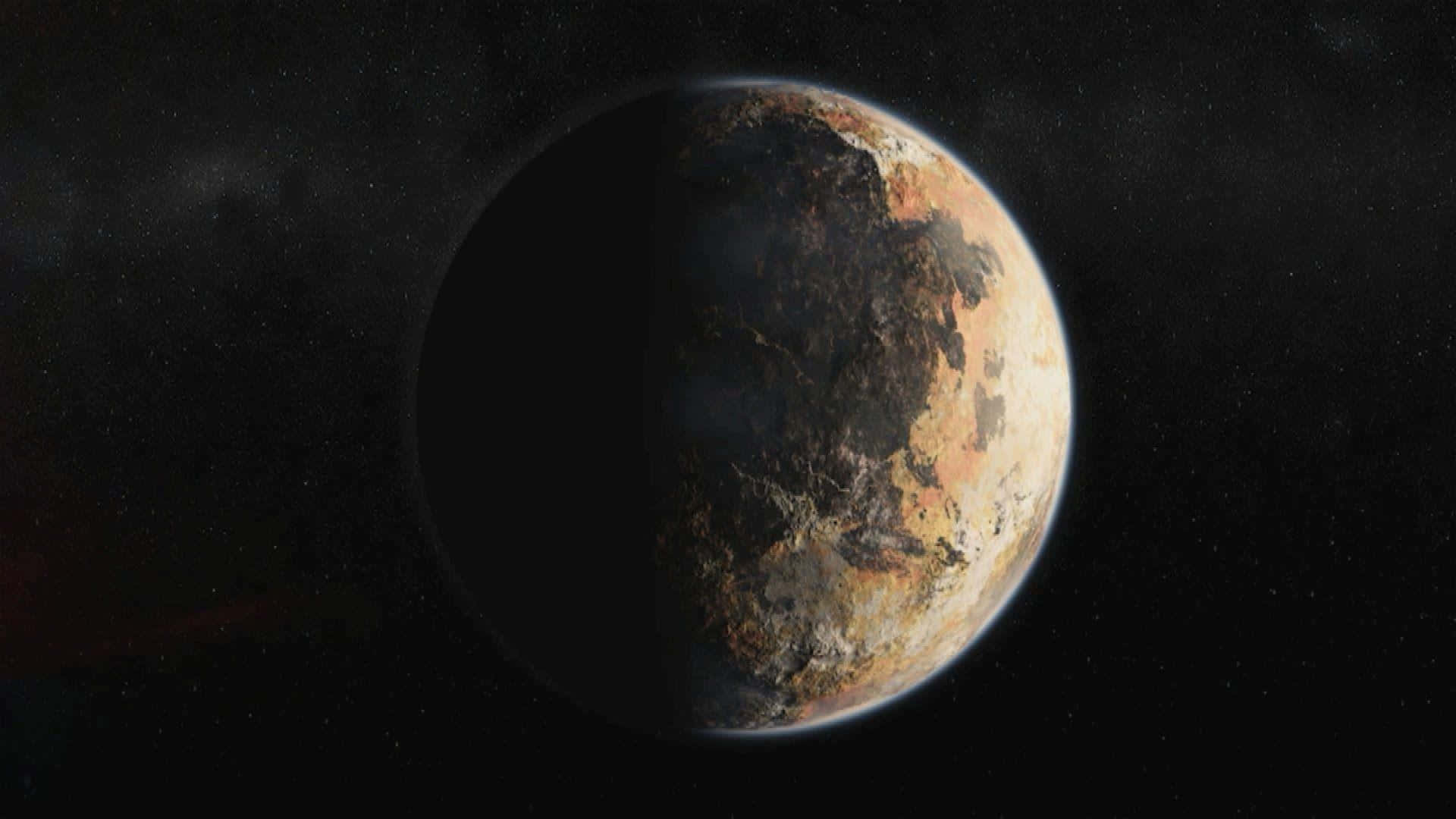 pluto 桌布 壁紙 — 一個崎嶇的外星行星，一半在陰影中，一半在光線中，背景是星光燦爛的宇宙虛空。