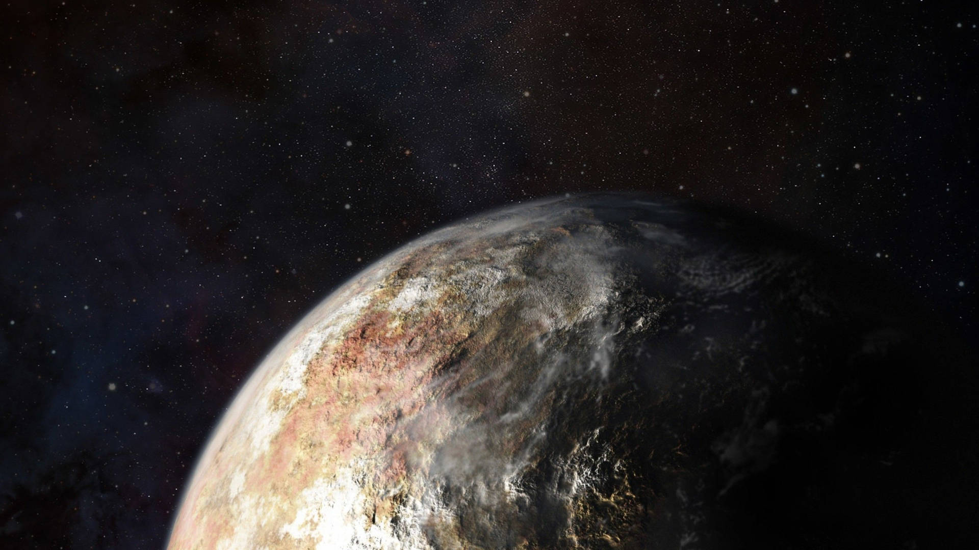 一個詳細的外星行星，有岩石地形和雲層，從太空中在星星之間觀看。 — 太陽系 GIF 壁紙