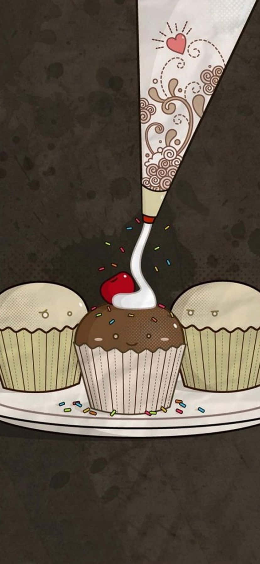 Cute Cupcake 桌布 壁紙 — 一個巧克力杯子蛋糕正在用白色糖霜和櫻桃裝飾，而另外兩個杯子蛋糕在旁觀看的奇思妙想插圖。