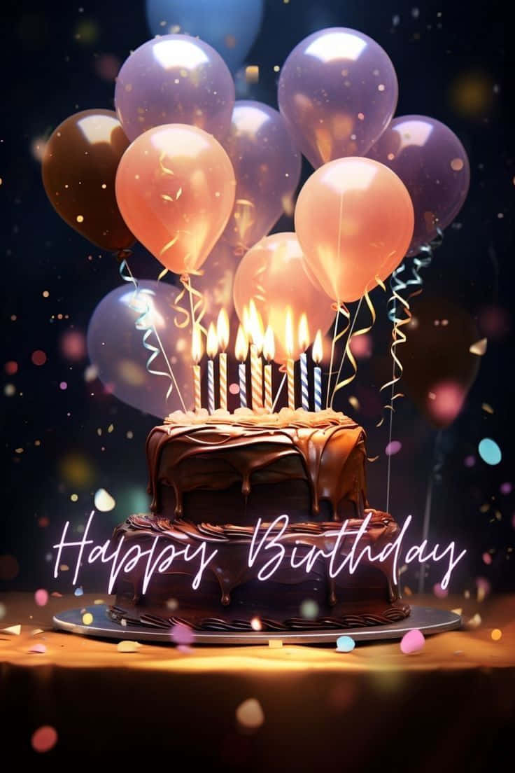  壁紙 — 一個巧克力生日蛋糕，上面有燃燒的蠟燭和色彩繽紛的氣球，在深色節日背景下飄浮。