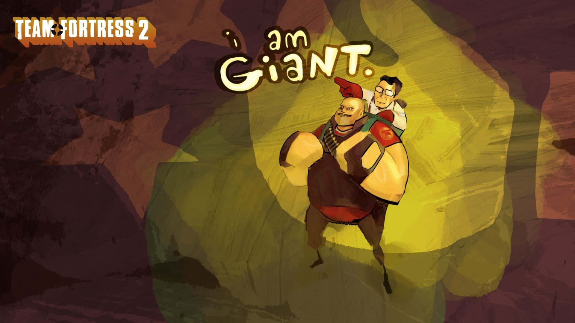 1920x1080 Tf2 桌布 壁紙 — 一個巨人角色肩上站著一個小人，站在一個被明亮黃光照亮的洞穴中，上方有「I am Giant」文字。