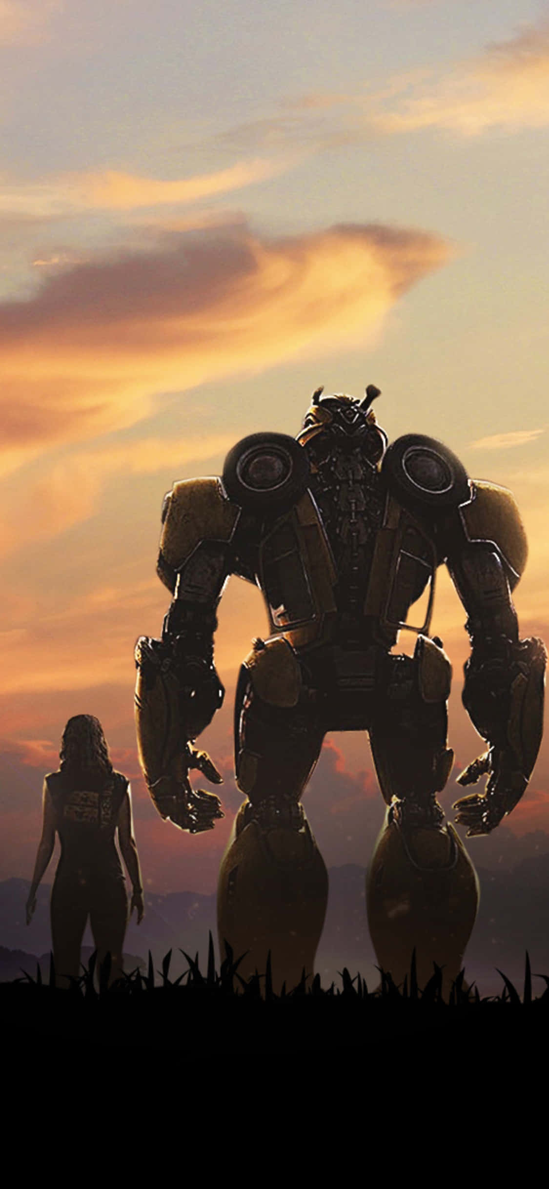 Bumblebee Transformer 桌布 壁紙 — 一個巨型機器人和一個女人站在草地上，以火紅的日落天空為背景形成剪影。