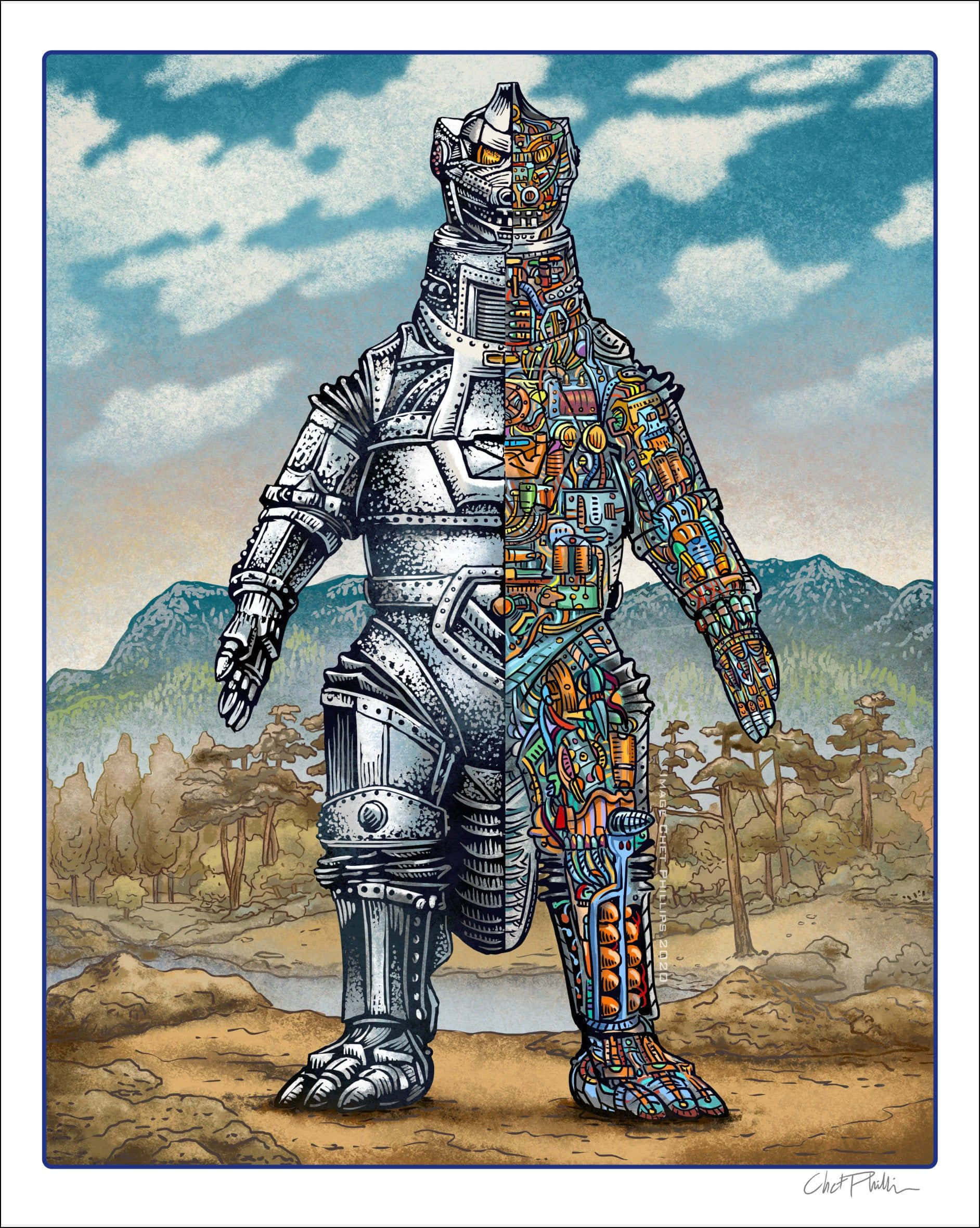 Robot Godzilla 桌布 壁紙 — 一個巨型機器人從中間分裂，一半金屬，一半彩色電路，背景是山巒天空。