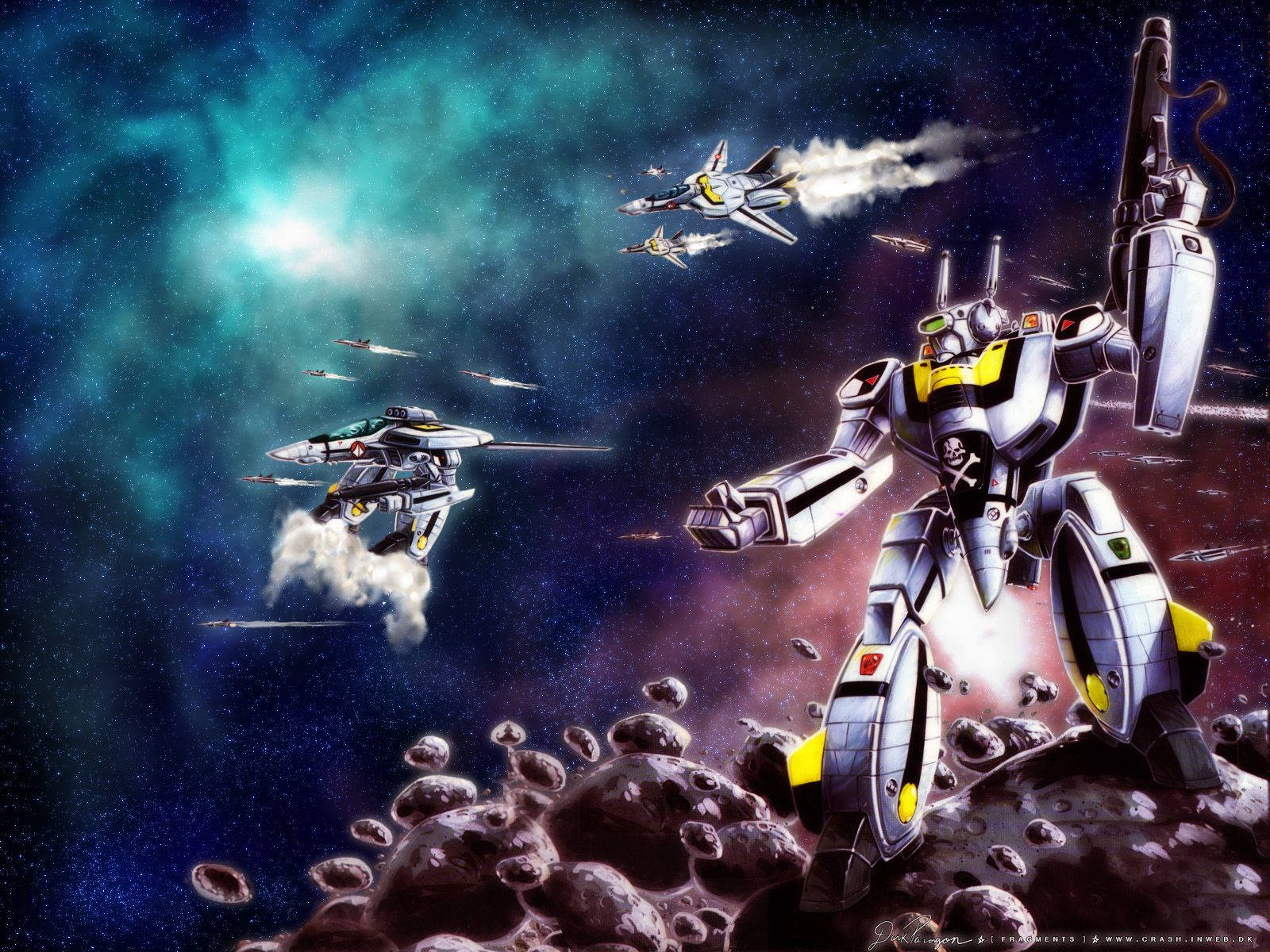 Macross 桌布 壁紙 — 一個巨型機器人站在小行星帶上，戰鬥機和太空船在深空中穿越充滿活力的星雲進行戰鬥。