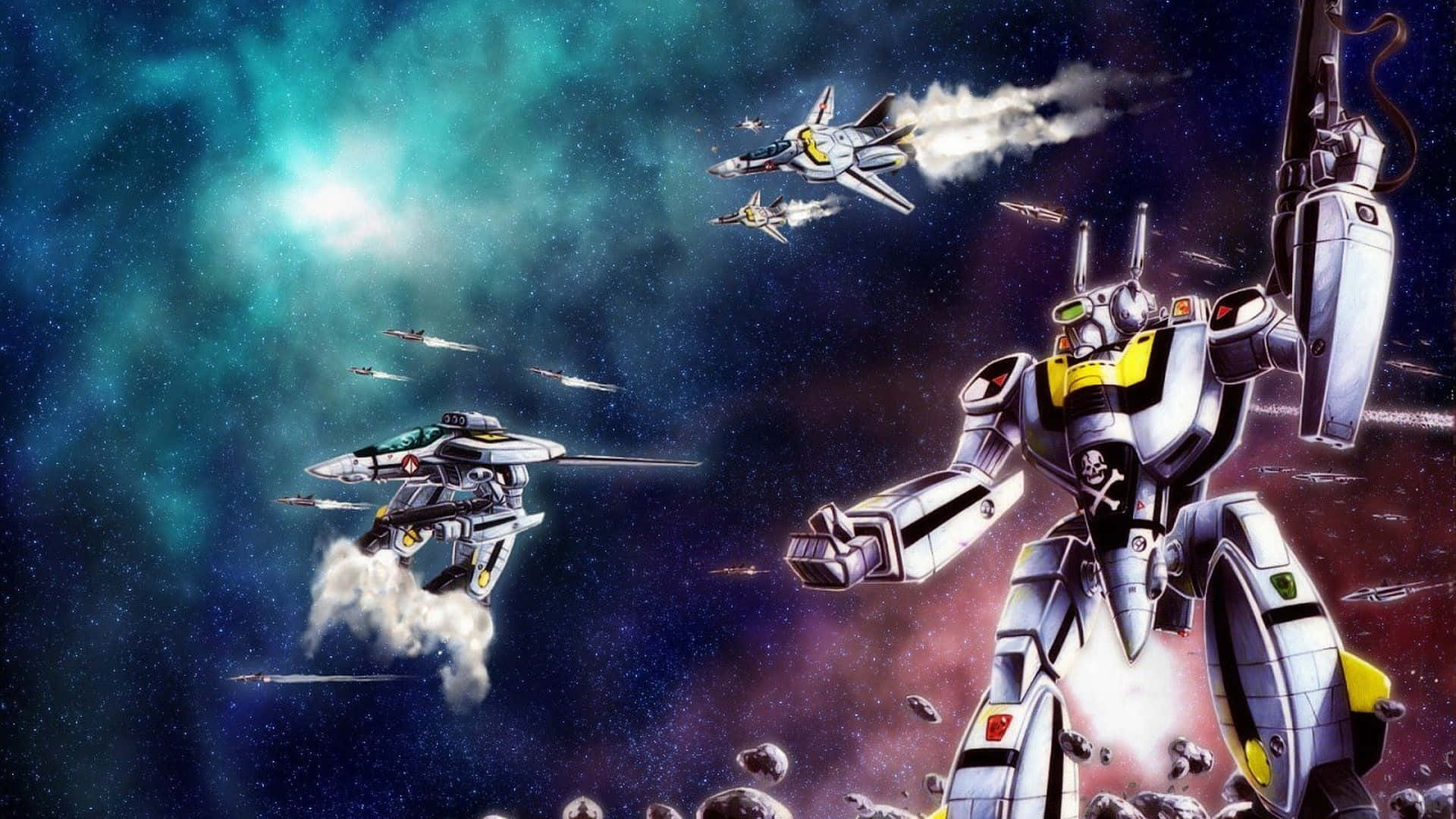 robotech 桌布 壁紙 — 一個巨型機器人與戰鬥機在充滿星星和漂浮小行星的鮮豔宇宙星雲中戰鬥。