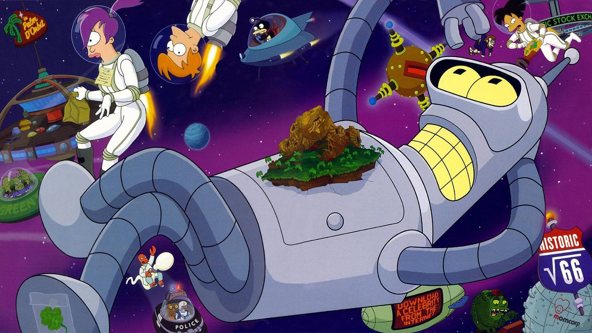 Futurama 桌布 壁紙 — 一個巨型機器人躺在太空中，胸口有一個小島，卡通太空人和交通工具在周圍漂浮。