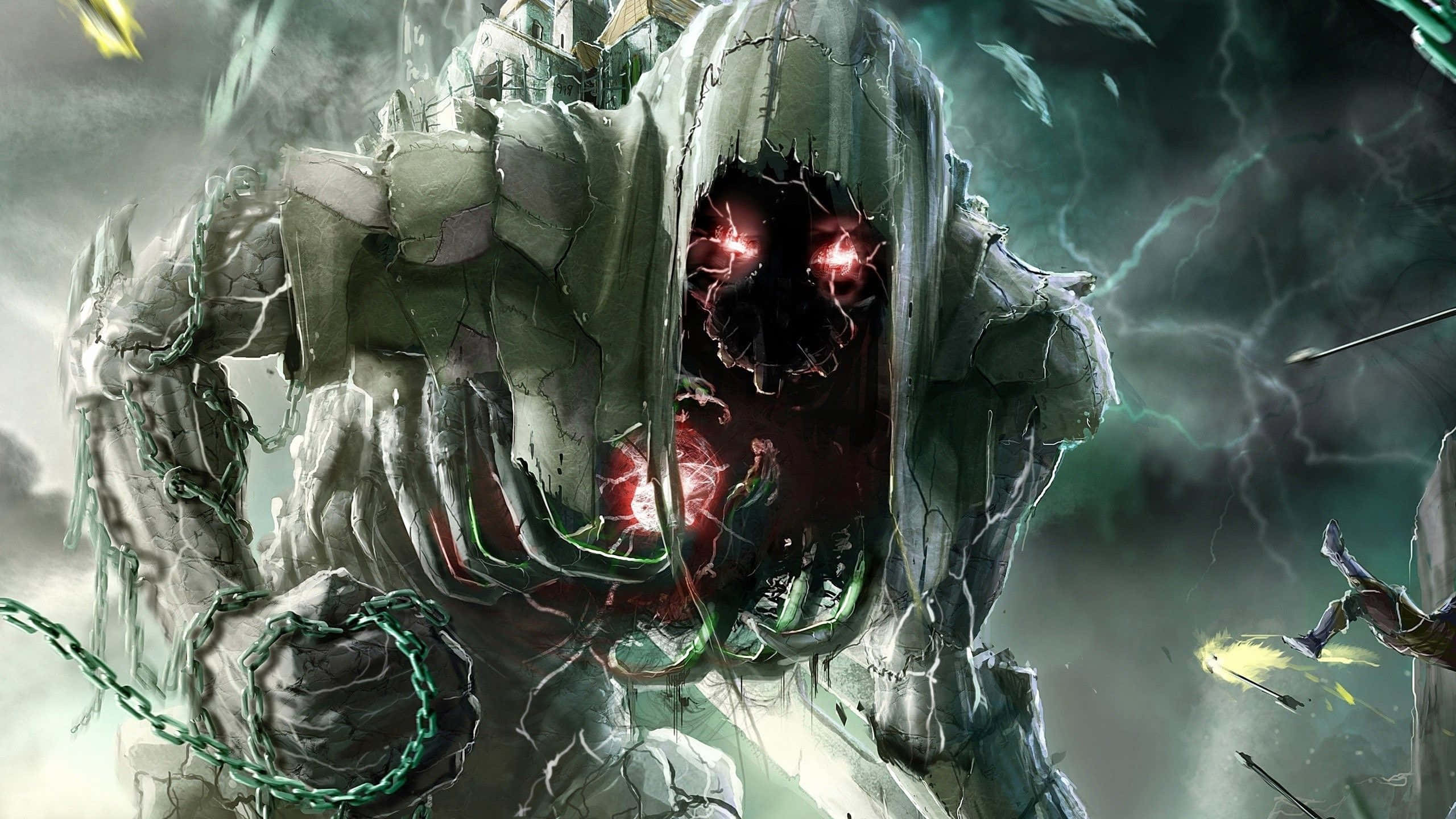 Cool Demon 桌布 壁紙 — 一個巨大、裂開的石像魔像，擁有發光的紅色眼睛和綠色血管，在暴風雨的天空下籠罩著戰場。