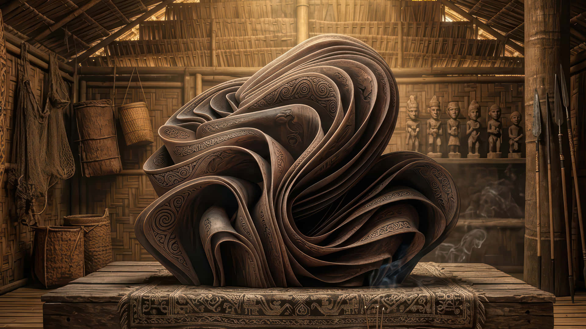 Wooden bloom in a tribal hut modded wallpaper for windows desktop Enhancement, 壁紙 — 一個巨大、雕刻精細、旋轉的木製雕塑，放置在一個有圖案的祭壇上，位於一個裝飾著部落文物的質樸竹棚內。