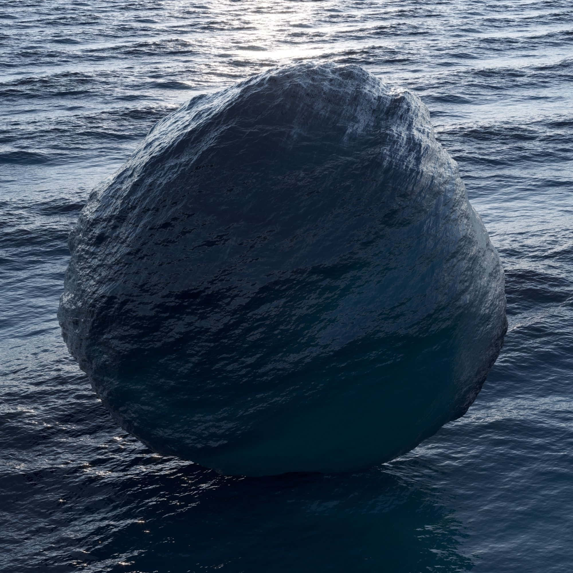 3d Ocean 桌布 壁紙 — 一個巨大完美球形的冰山在明亮的陽光下靜靜地漂浮在深藍色的海洋中。