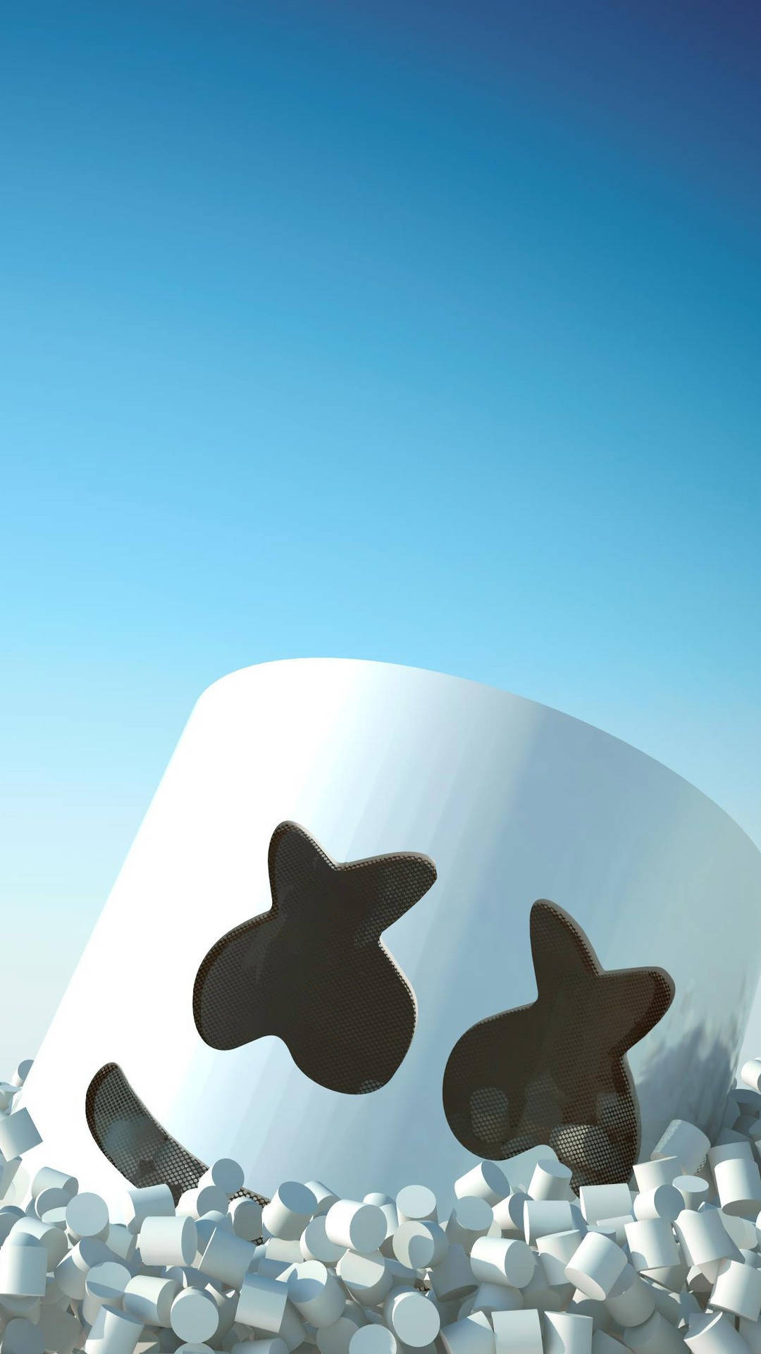 Marshmello 動態圖 桌布 壁紙 — 一個巨大微笑的棉花糖，有星星眼睛，從一堆較小的白色棉花糖中冒出，背景是晴朗的藍天。