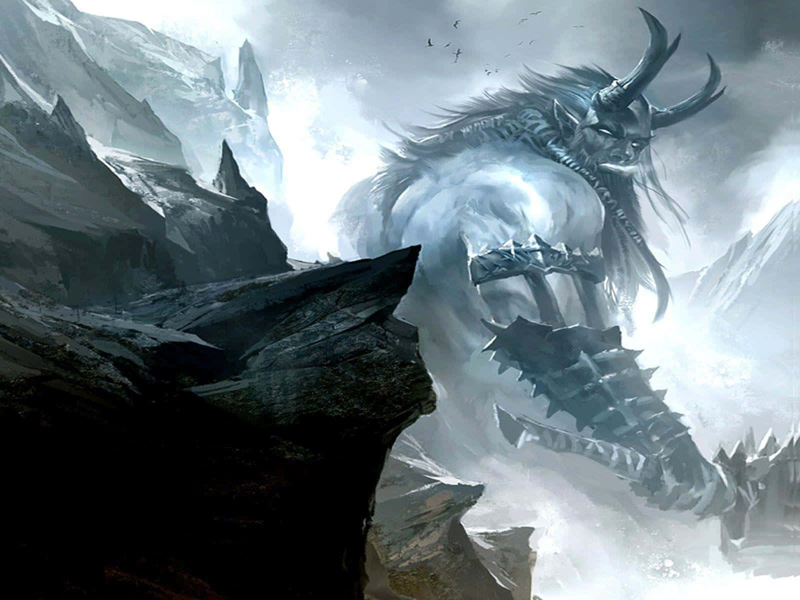 Norse Mythology 桌布 壁紙 — 一個巨大的、有角的冰惡魔，穿著帶刺的盔甲，在暴風雨的天空下從雪山中出現。