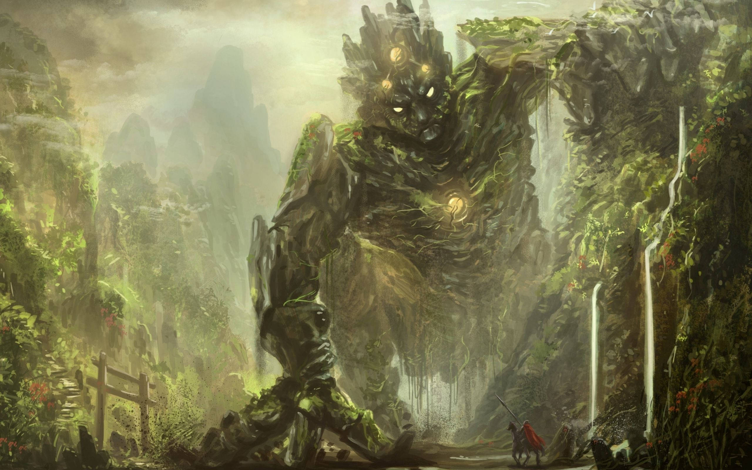 Knight 桌布 壁紙 — 一個巨大的、長滿苔蘚的森林巨人聳立在霧氣瀰漫的山谷中，一個孤獨的騎士騎著馬。