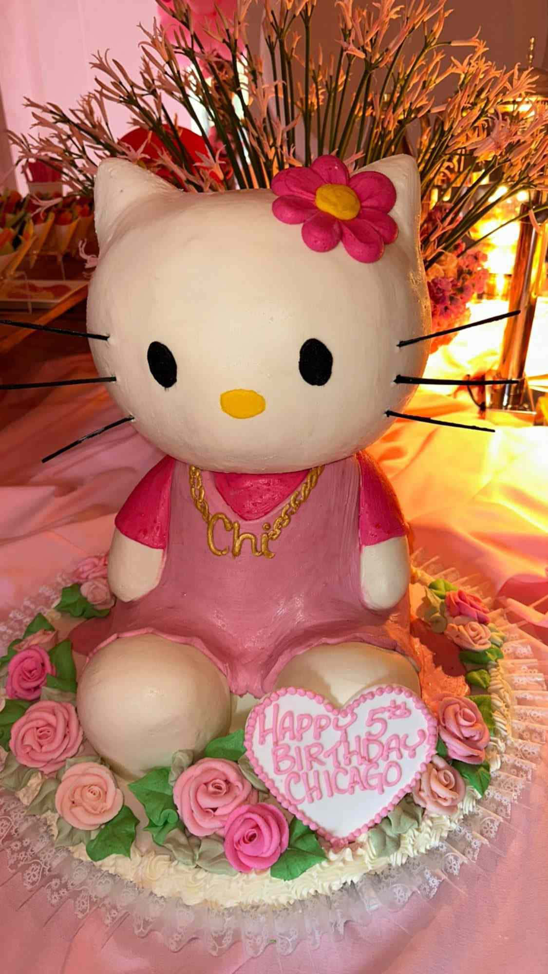 Hello Kitty Party 桌布 壁紙 — 一個巨大的Hello Kitty蛋糕，粉紅色服裝，配上玫瑰和心形裝飾，為芝加哥的5歲生日。