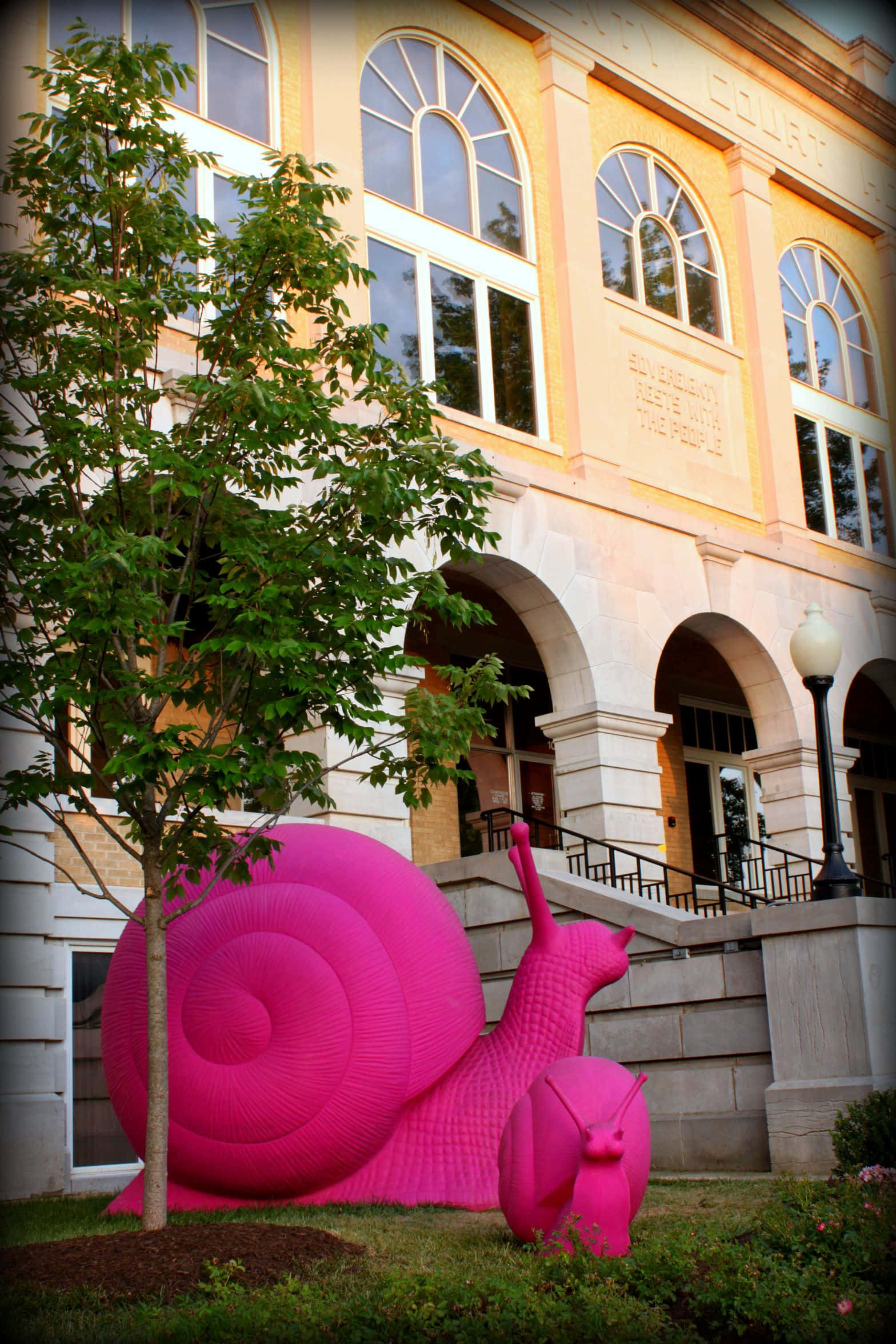 Pink Snail 桌布 壁紙 — 一個巨大的亮粉色蝸牛雕塑坐在草地上，前面是古典法院大樓，有拱形窗戶和石階。