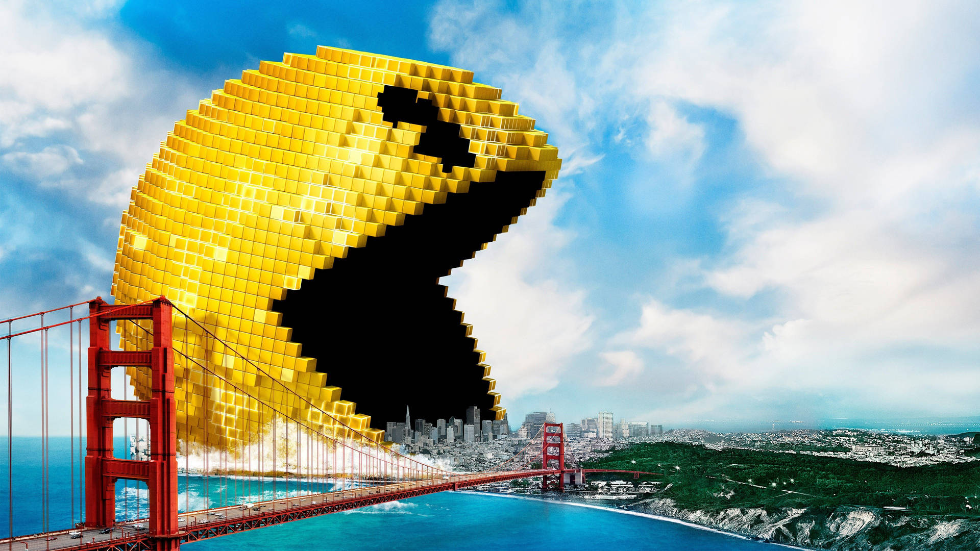 8K 桌布 桌布 壁紙 — 一個巨大的像素化黃色 Pac-Man 籠罩在金門大橋上，吞噬著明亮藍天下的城市景觀。