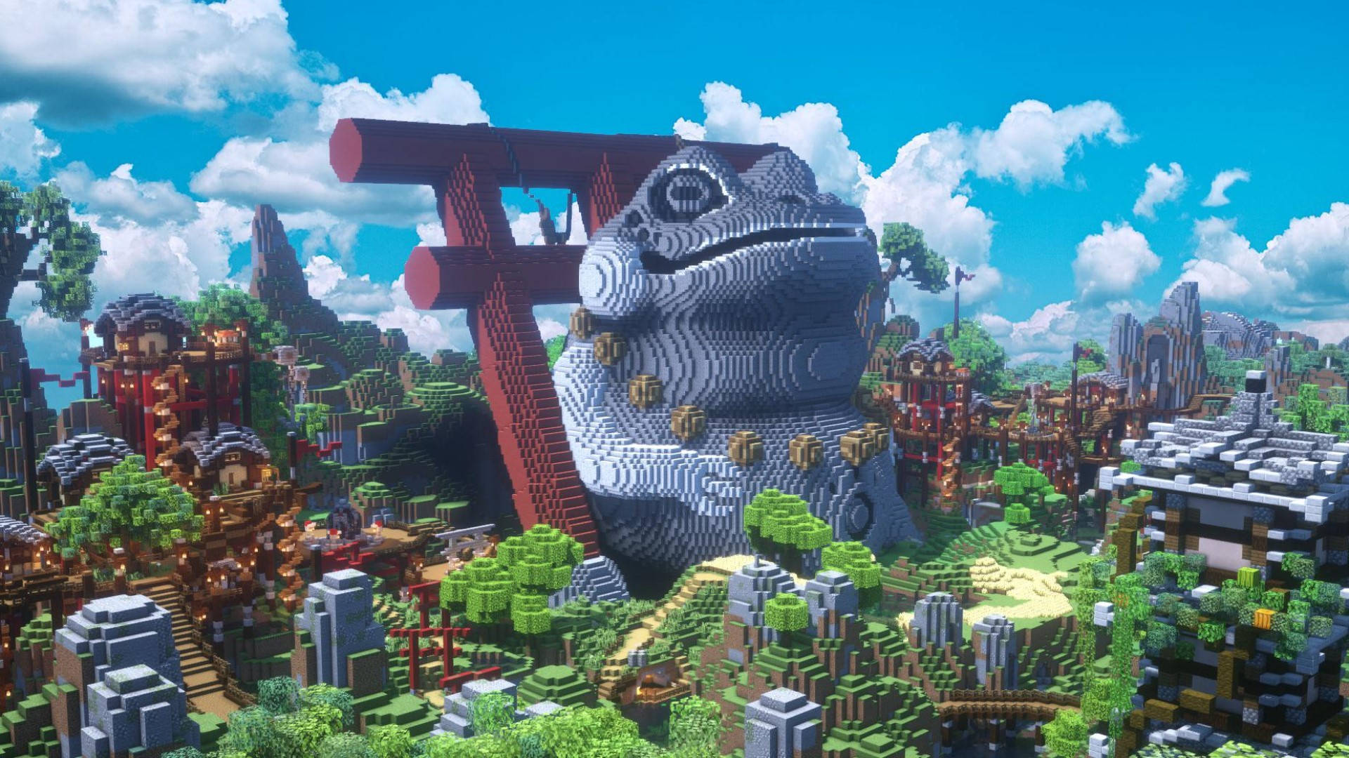 Minecraft村莊中帶有紅色鳥居的巨大像素青蛙雕像。