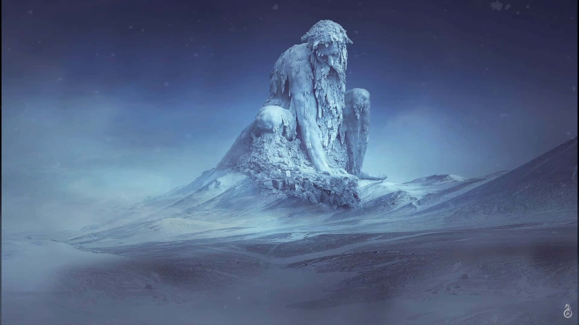 Norse Mythology 桌布 壁紙 — 一個巨大的冰凍人形雕像坐在白雪覆蓋的山頂上，背景是星光閃爍的暮色天空。