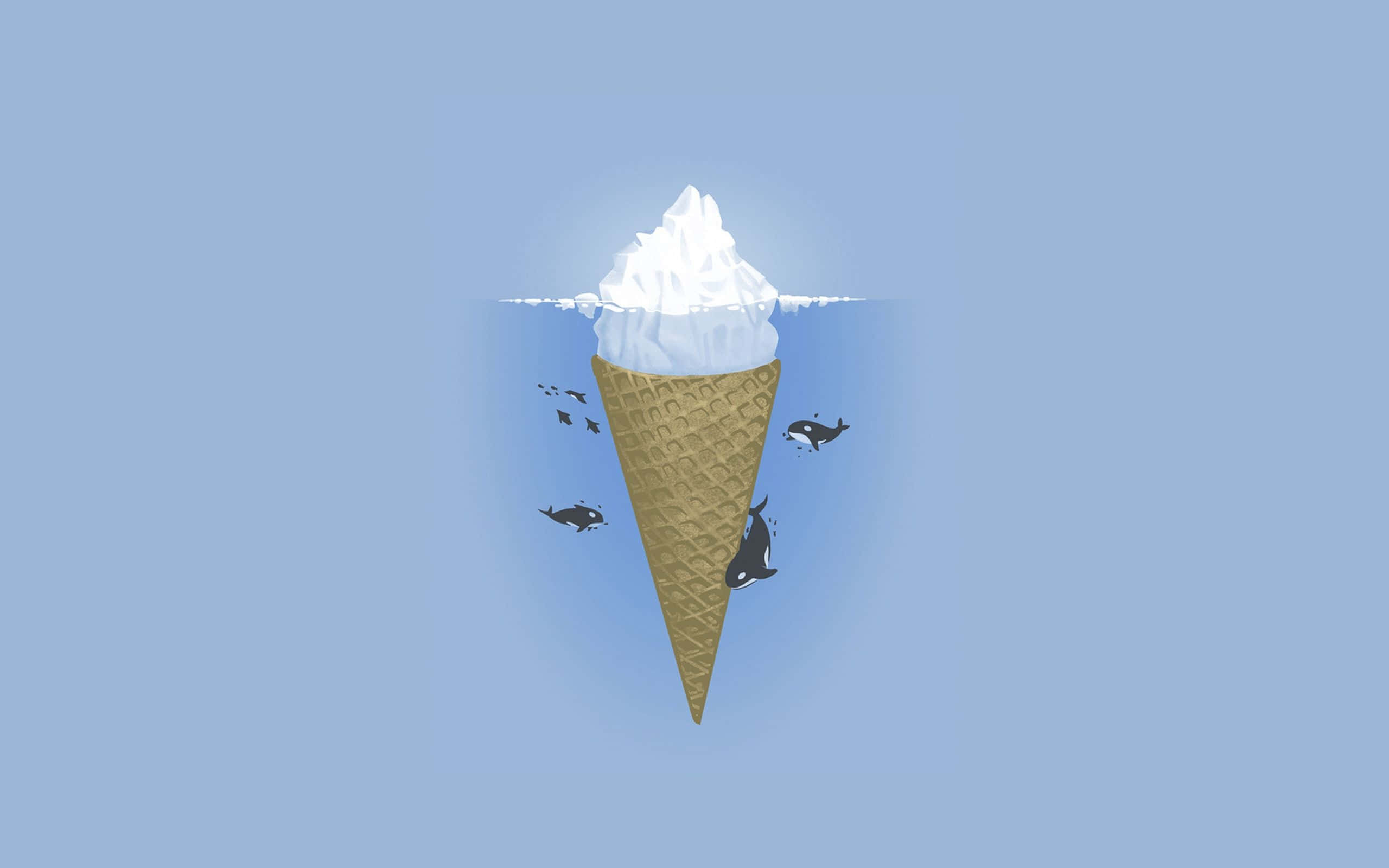 Minimalist Ocean 桌布 壁紙 — 一個巨大的冰淇淋甜筒漂浮在平靜的藍色水面上，虎鯨在它的底部周圍游動。