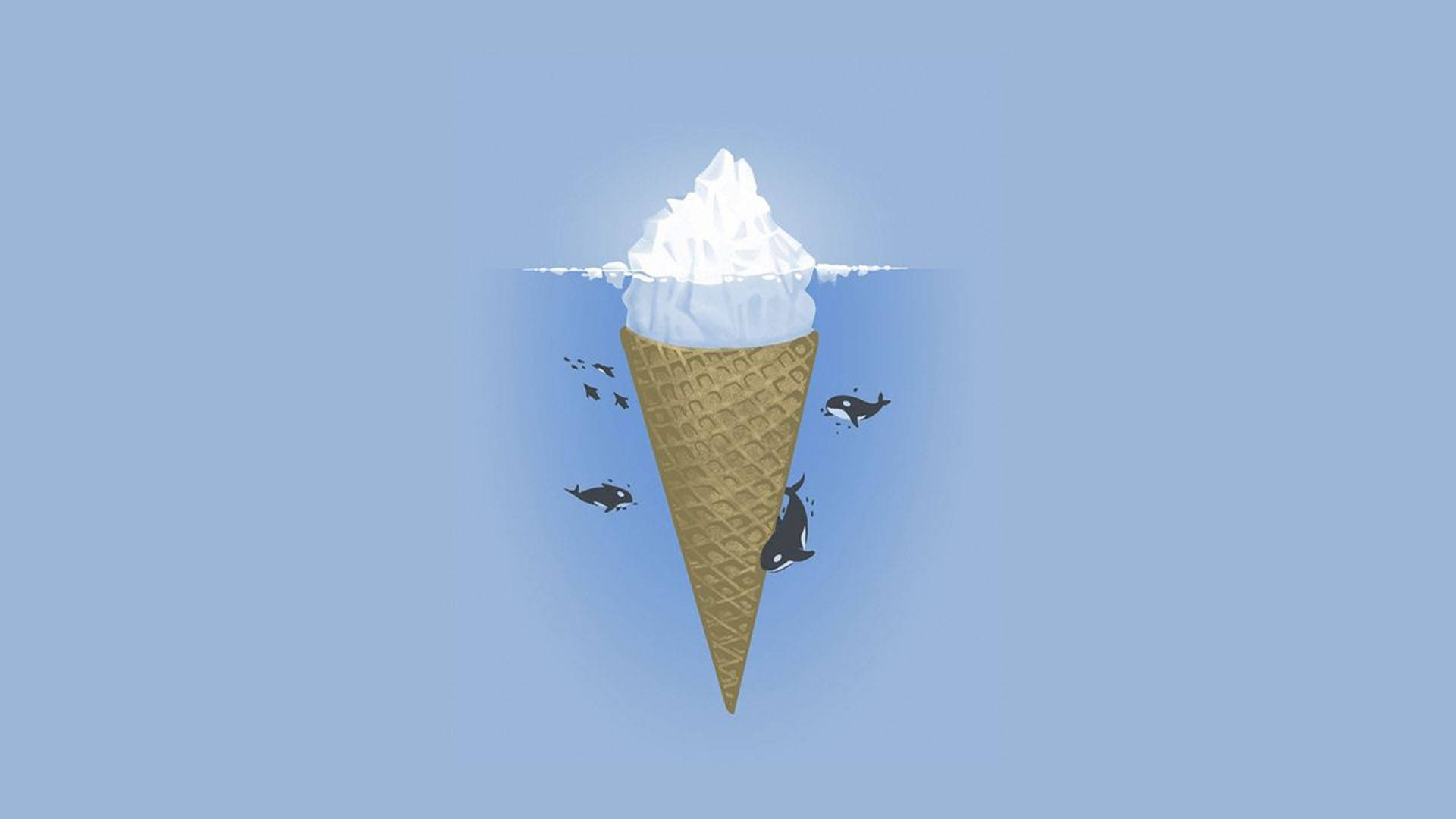 Ice Cream 桌布 壁紙 — 一個巨大的冰淇淋甜筒漂浮在平靜的藍色水面上，虎鯨在它的底部周圍游動。