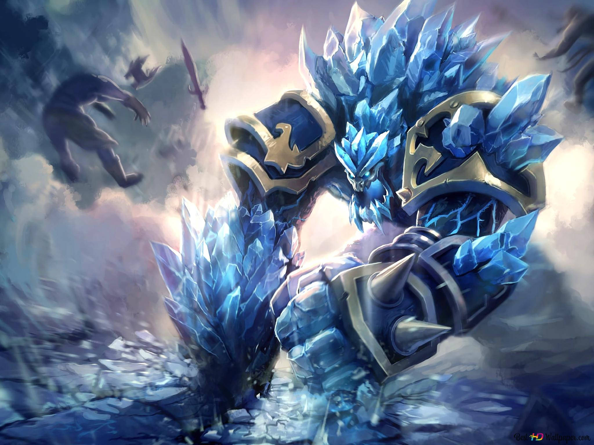 3d League Of Legends 桌布 壁紙 — 一個巨大的冰霜巨人，身穿水晶盔甲，散發著藍色光芒的能量，主宰著暴風雨中的戰場，陰影般的人物驚恐逃竄。