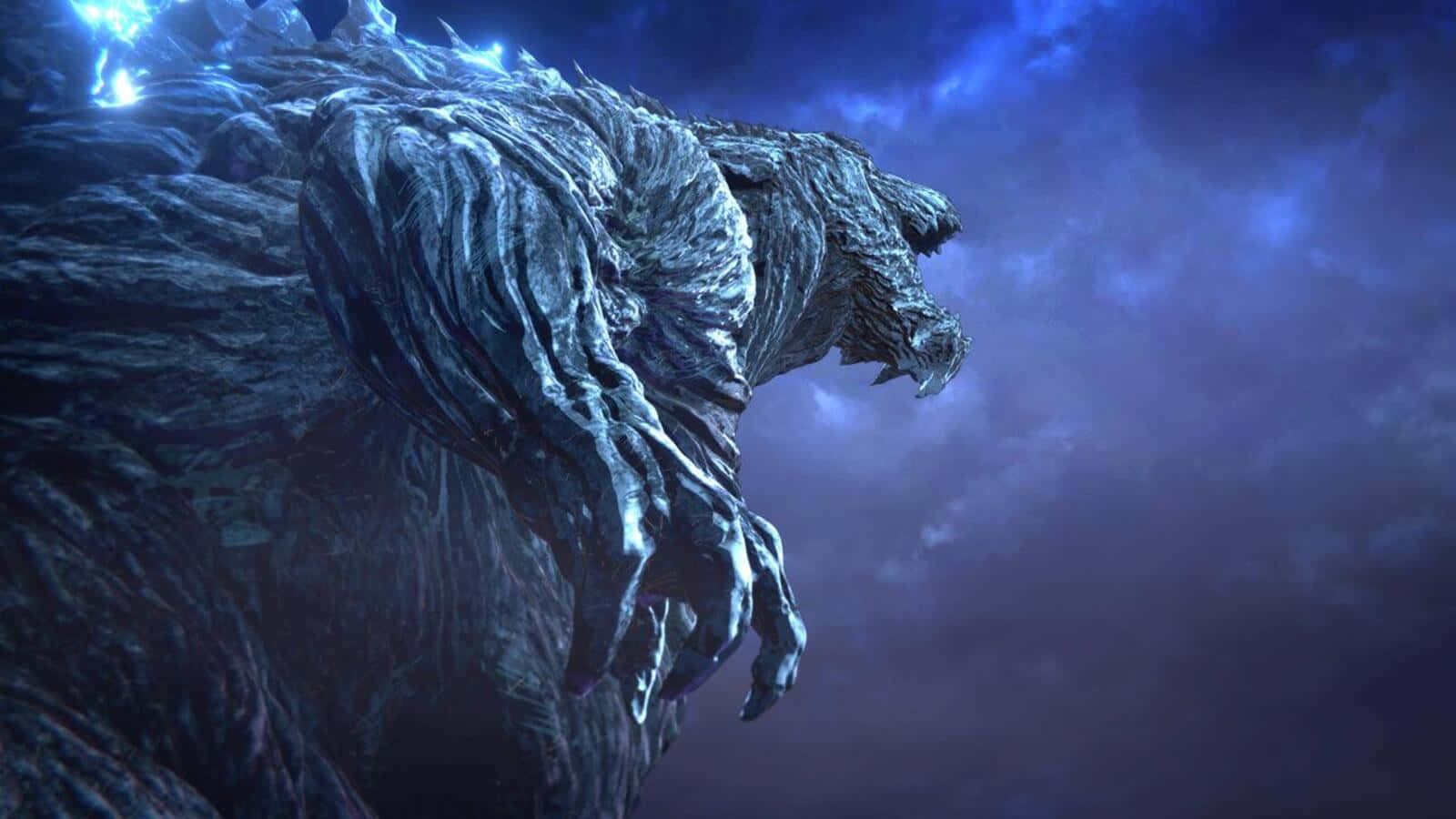 Godzilla Earth 桌布 壁紙 — 一個巨大的冰霜怪物，擁有鋸齒狀的爪子和發光的藍色能量，在暴風雨的黃昏天空中咆哮。