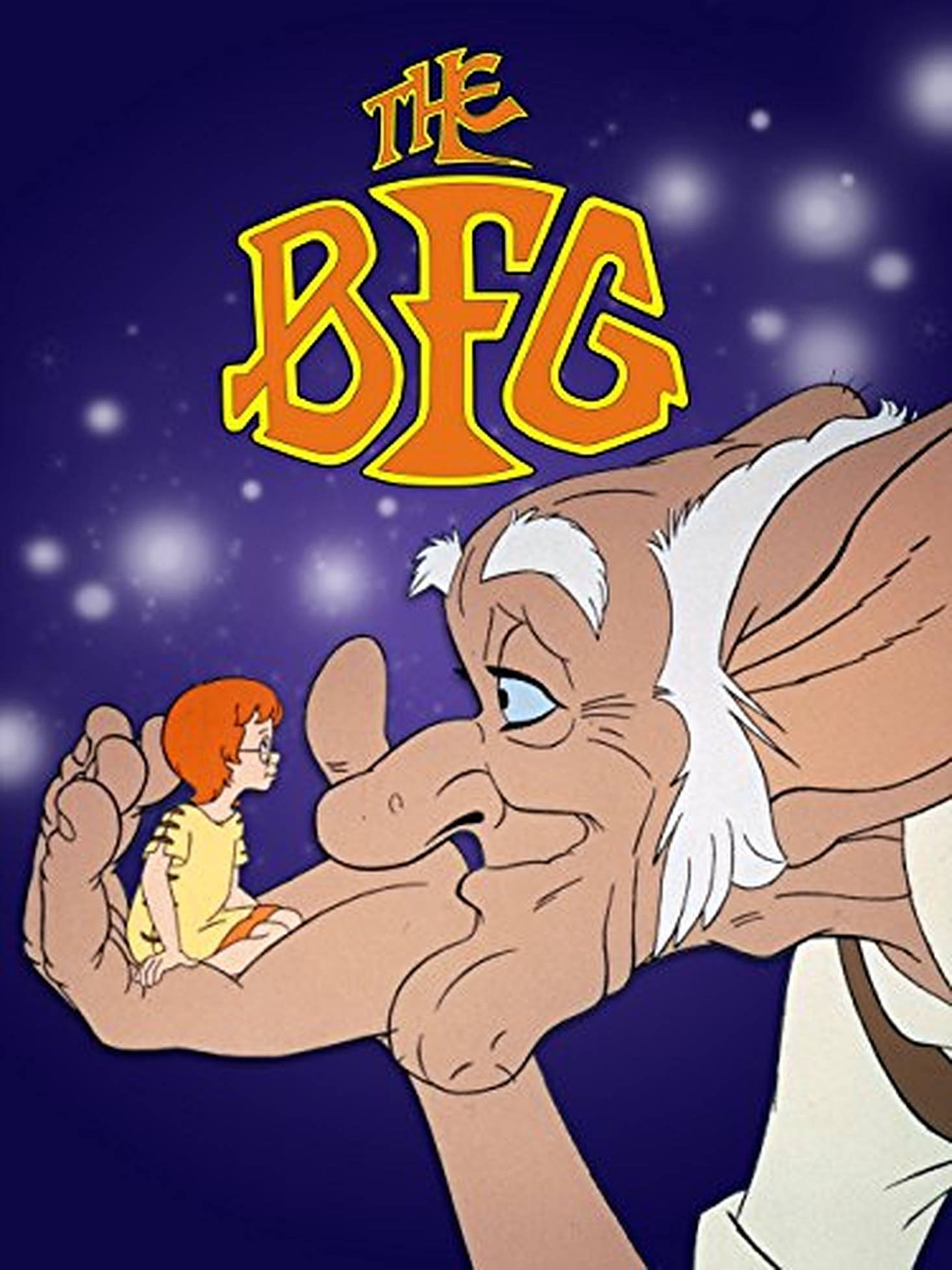 Bfg 桌布 壁紙 — 一個巨大的友善生物輕輕地將一個小女孩捧在掌心，背景是繁星點點的夜空，帶有發光的標題文字。