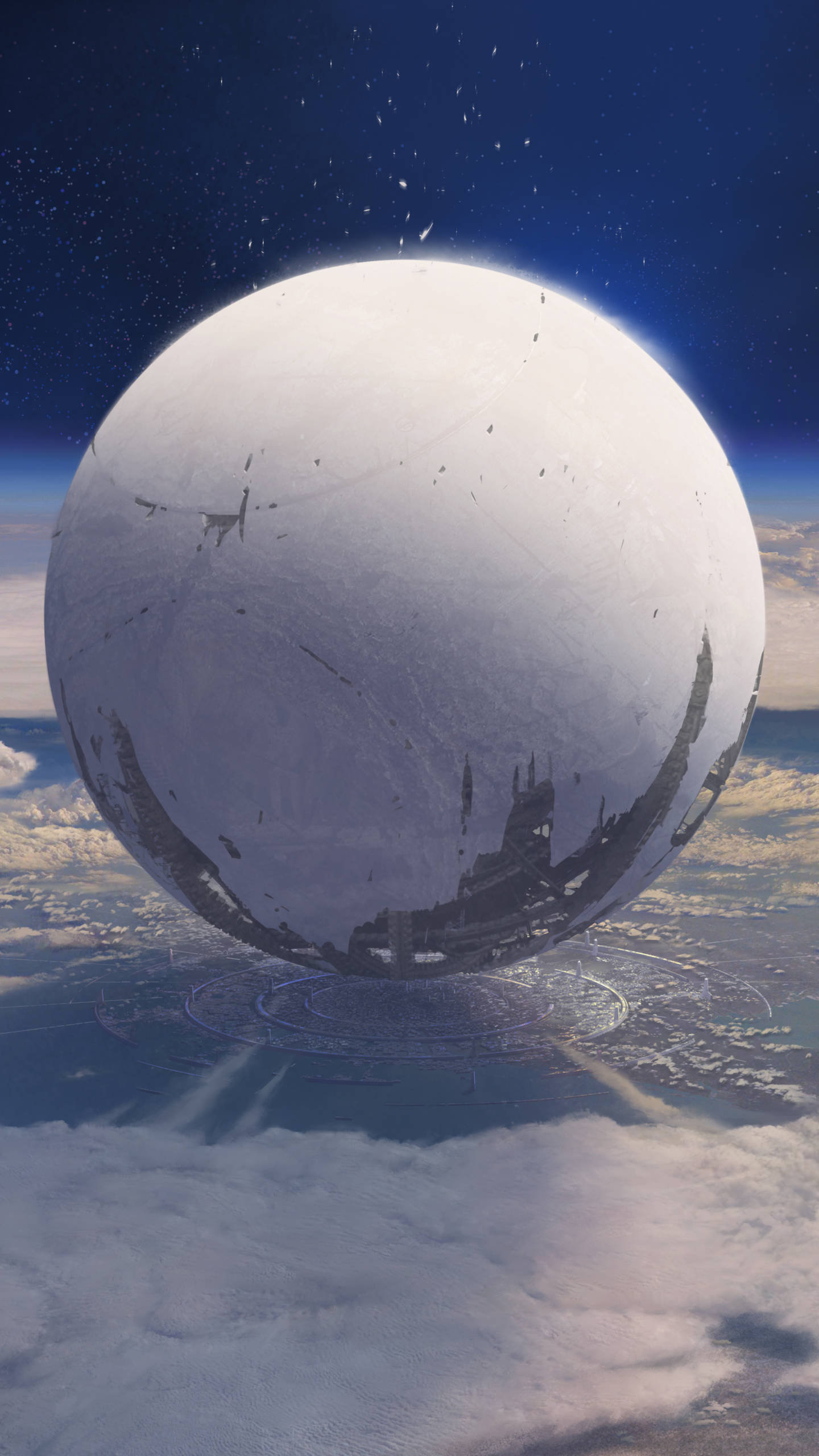 桌布 壁紙 — 一個巨大的反射球體懸浮在行星的雲層之上，映照出未來主義的城市景觀，背景是繁星點點的夜空。