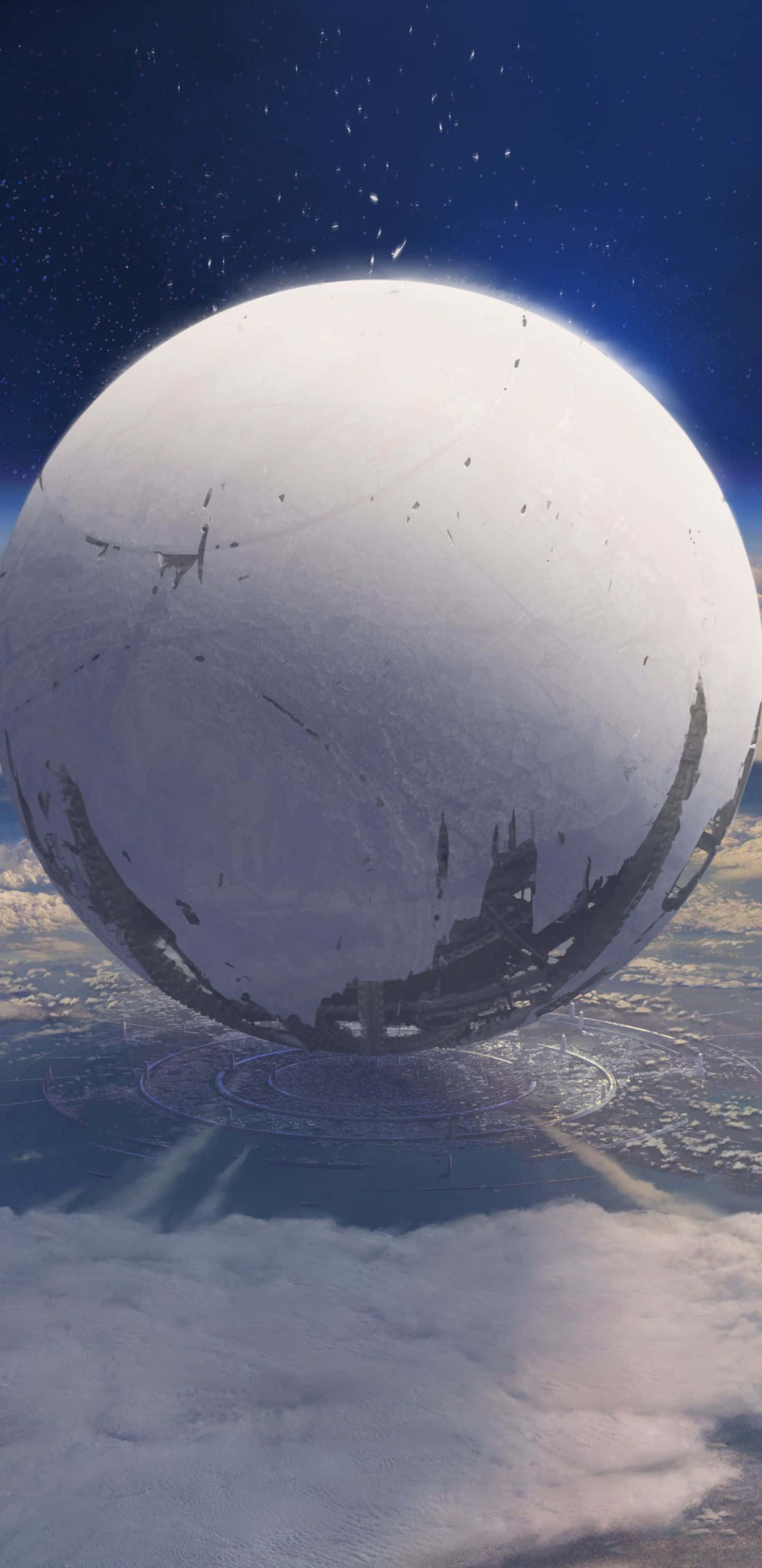 天命2 桌布 壁紙 — 一個巨大的反射球體懸浮在雲層之上，映照著星空夜空下的未來城市。