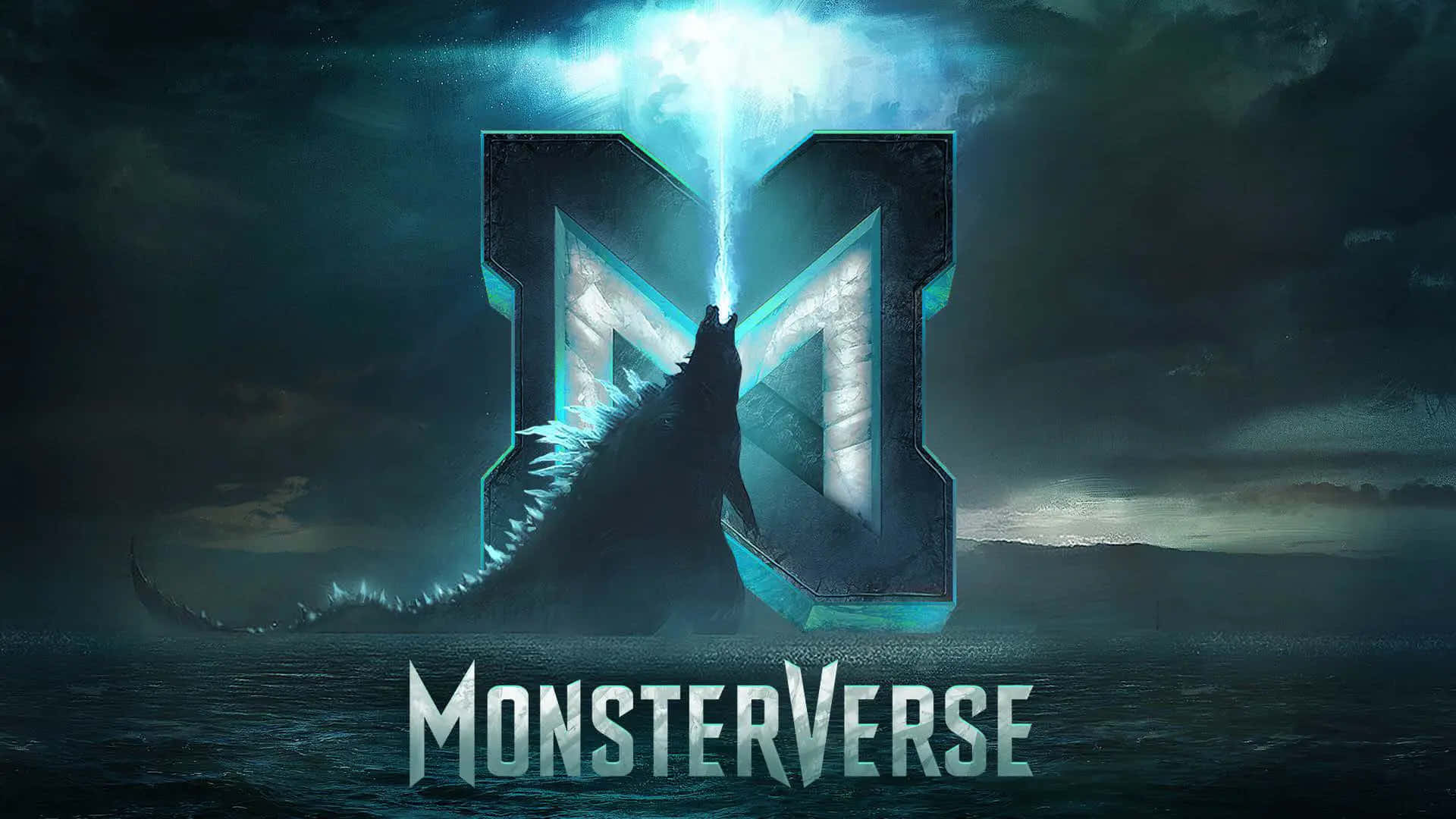 Monsterverse 桌布 壁紙 — 一個巨大的哥吉拉剪影在發光的「M」標誌下咆哮，閃電在夜晚的暴風雨海洋上方劃過。