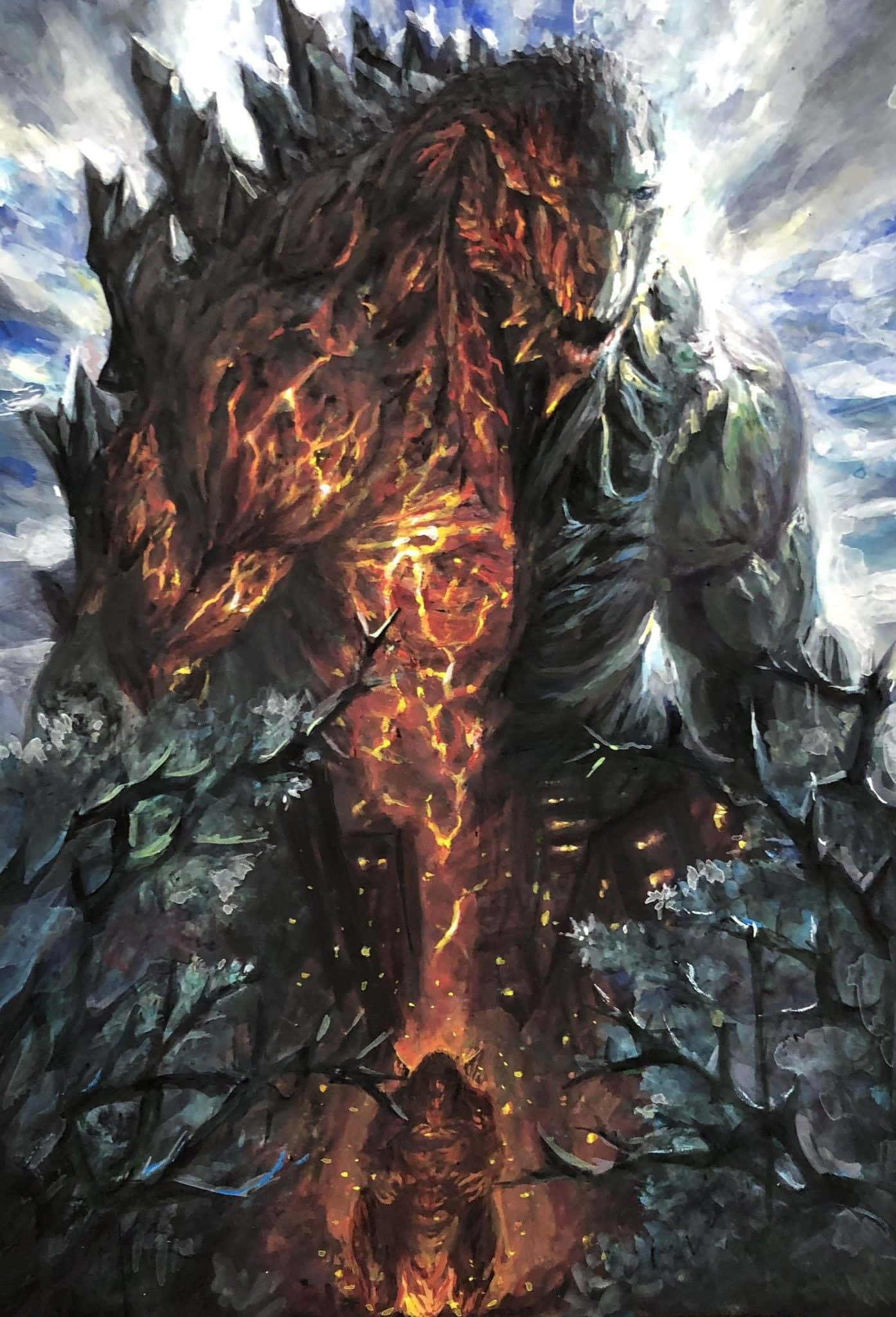 Godzilla Art 桌布 壁紙 — 一個巨大的哥吉拉般怪物，帶有發光的橙色熔岩脈絡，在暴風雨的天空下從黑暗的森林中爆發出來。