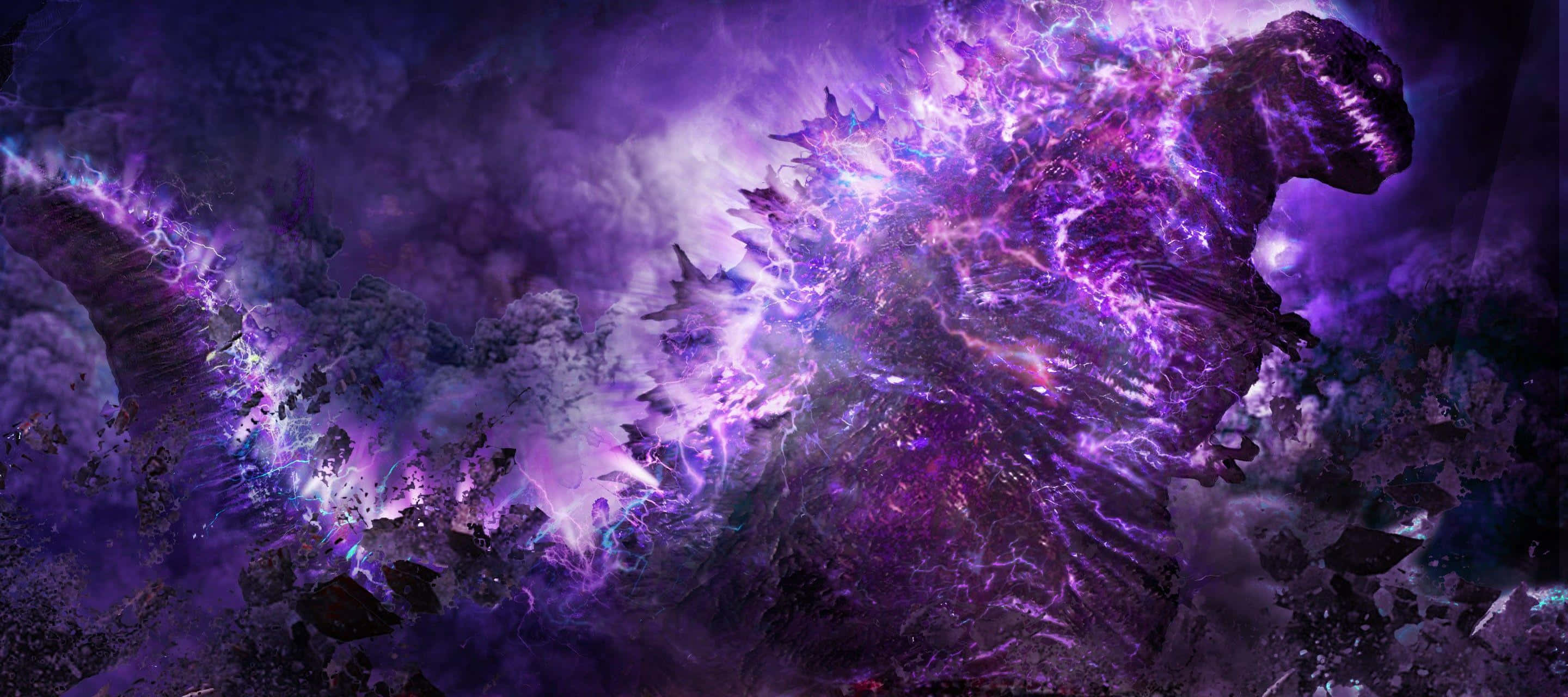 Godzilla Earth 桌布 壁紙 — 一個巨大的哥斯拉式怪物在破碎的岩石和暴風雲中爆發出紫色能量。