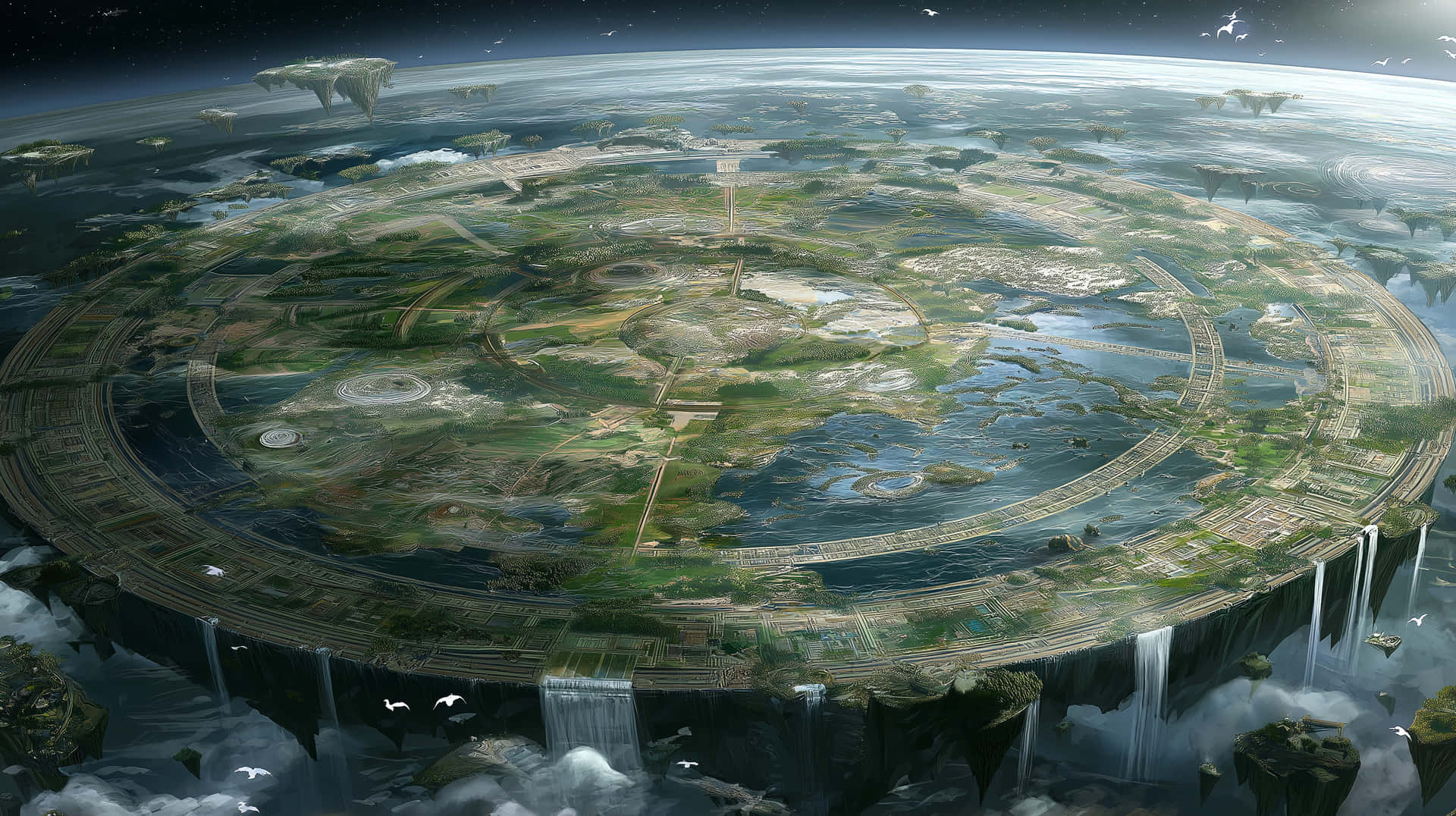 Circular Flat World with Rivers and Waterfalls in Space 壁紙 — 一個巨大的圓形浮島，上面有茂密的綠色植物、河流和層疊瀑布，懸浮在星空虛空之上。