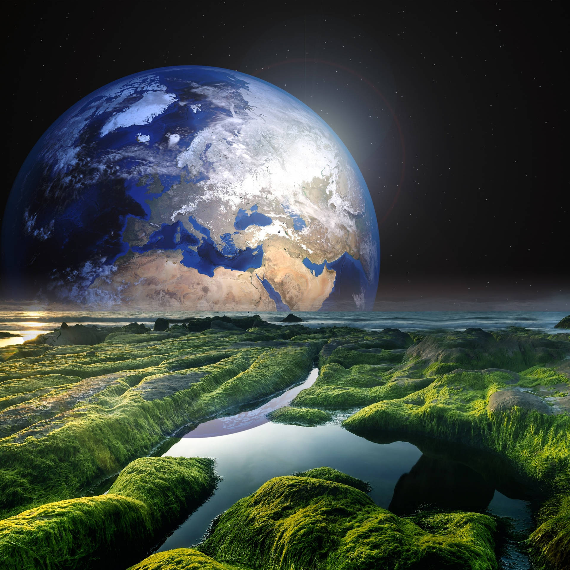 Green Space 桌布 壁紙 — 一個巨大的地球懸掛在生機勃勃的綠色苔蘚景觀之上，蜿蜒的河流映照著繁星點點的夜空。