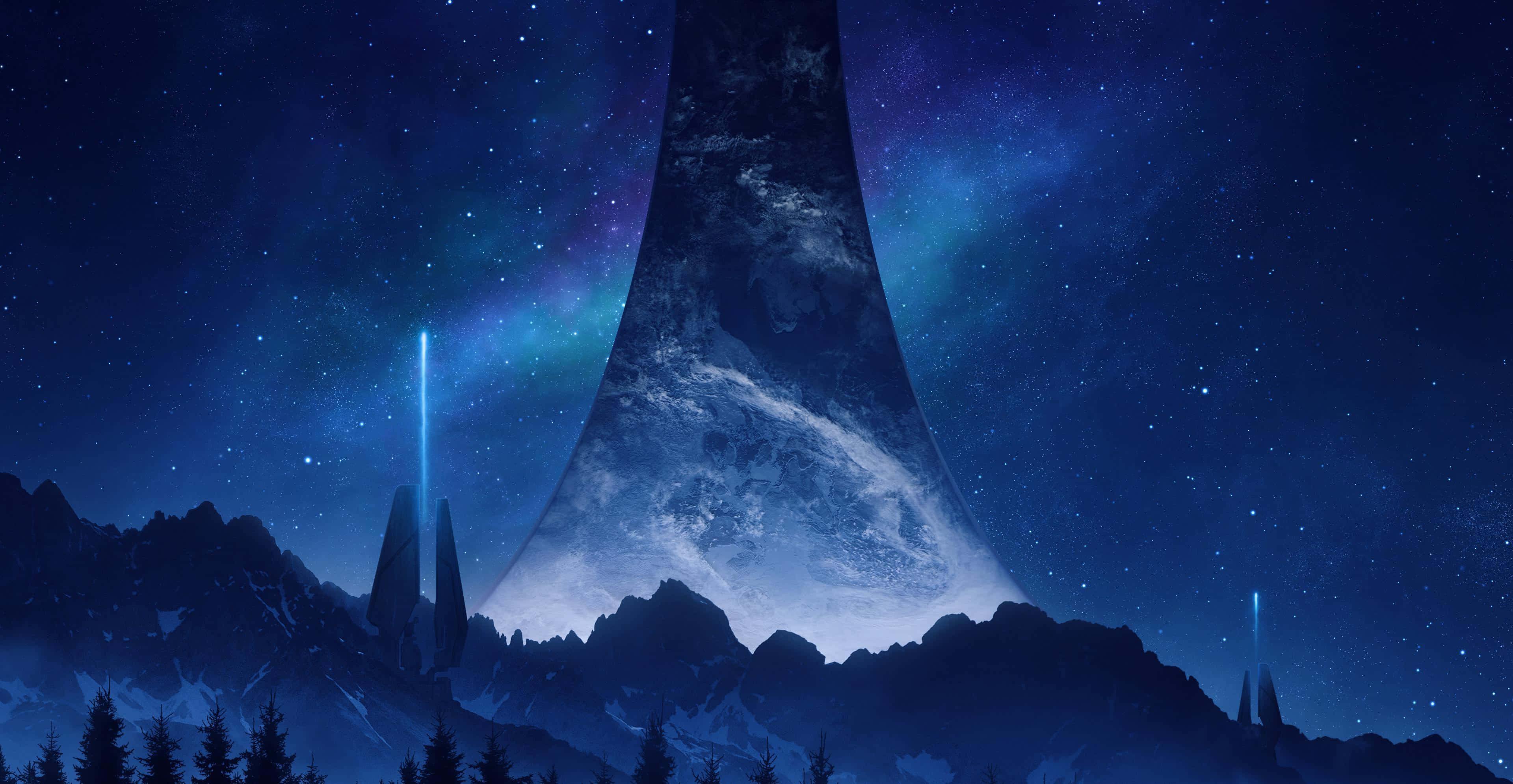 Halo Ark 桌布 壁紙 — 一個巨大的外星巨石從雪山中升起，在星空宇宙天空下發出藍色能量光束。