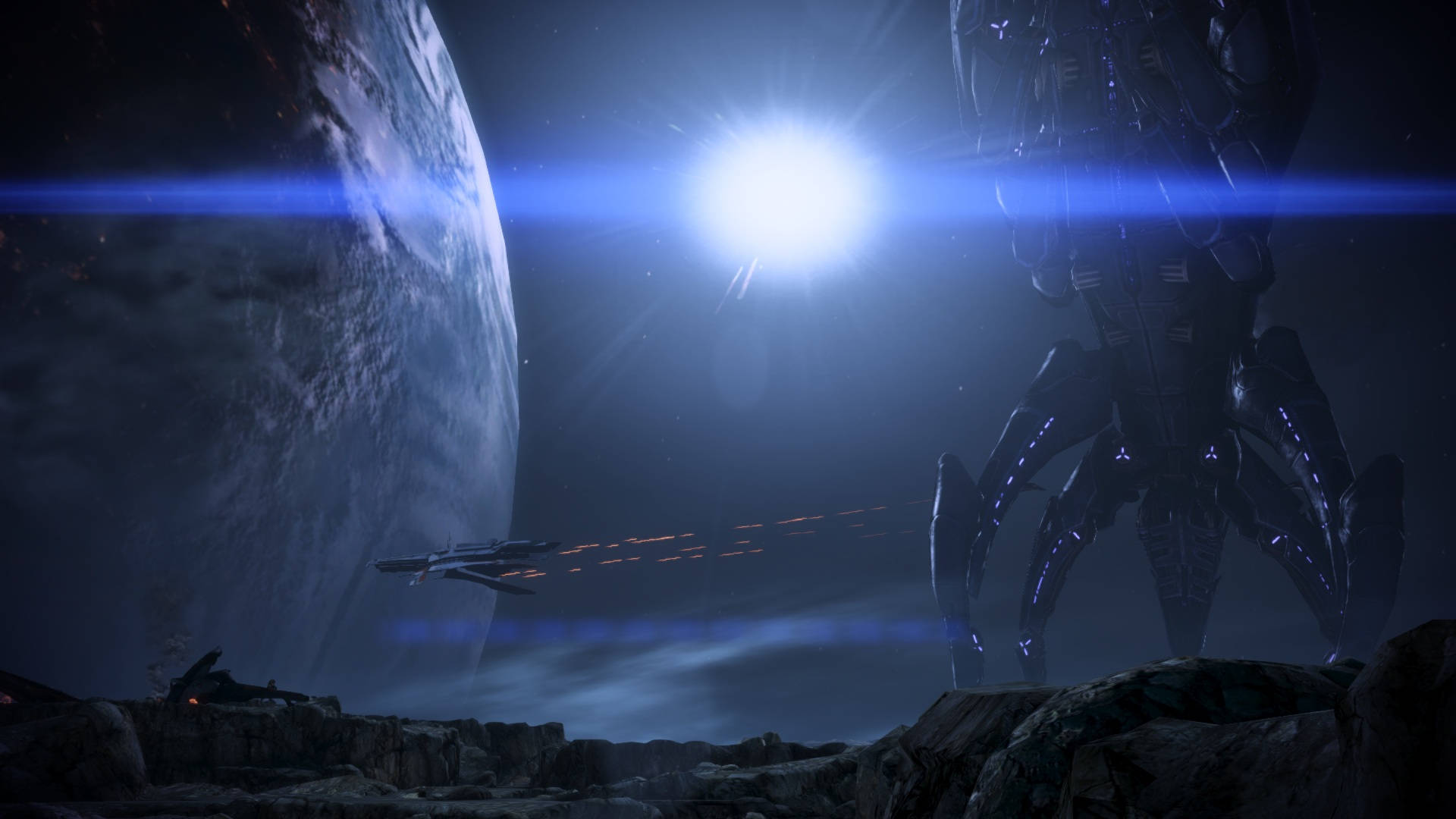Mass Effect 3 桌布 壁紙 — 一個巨大的外星機甲站在岩石行星表面，一艘太空船飛過發光的太陽和遙遠的類地行星。