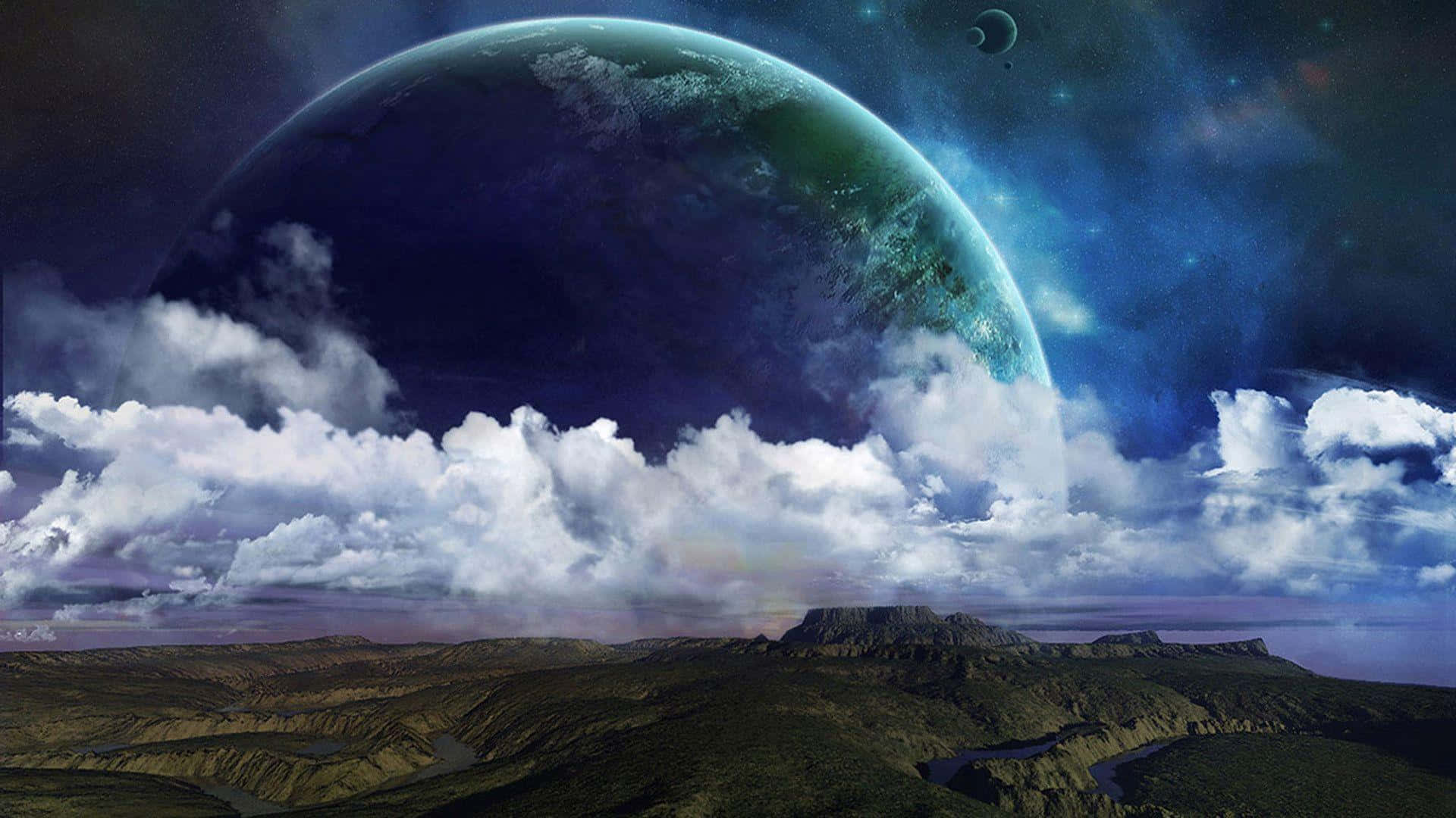 Beautiful Space 桌布 壁紙 — 一個巨大的外星行星在崎嶇的沙漠景觀上空升起，星空下雲霧繚繞，遠處還有一輪明月。