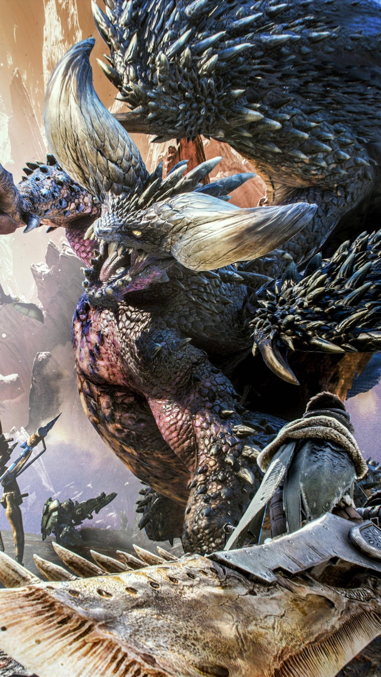 monster hunter iPhone 桌布 壁紙 — 一個巨大的多刺怪物，長著皮革般的翅膀和發光的眼睛，在岩石峽谷中籠罩著身穿盔甲的獵人。