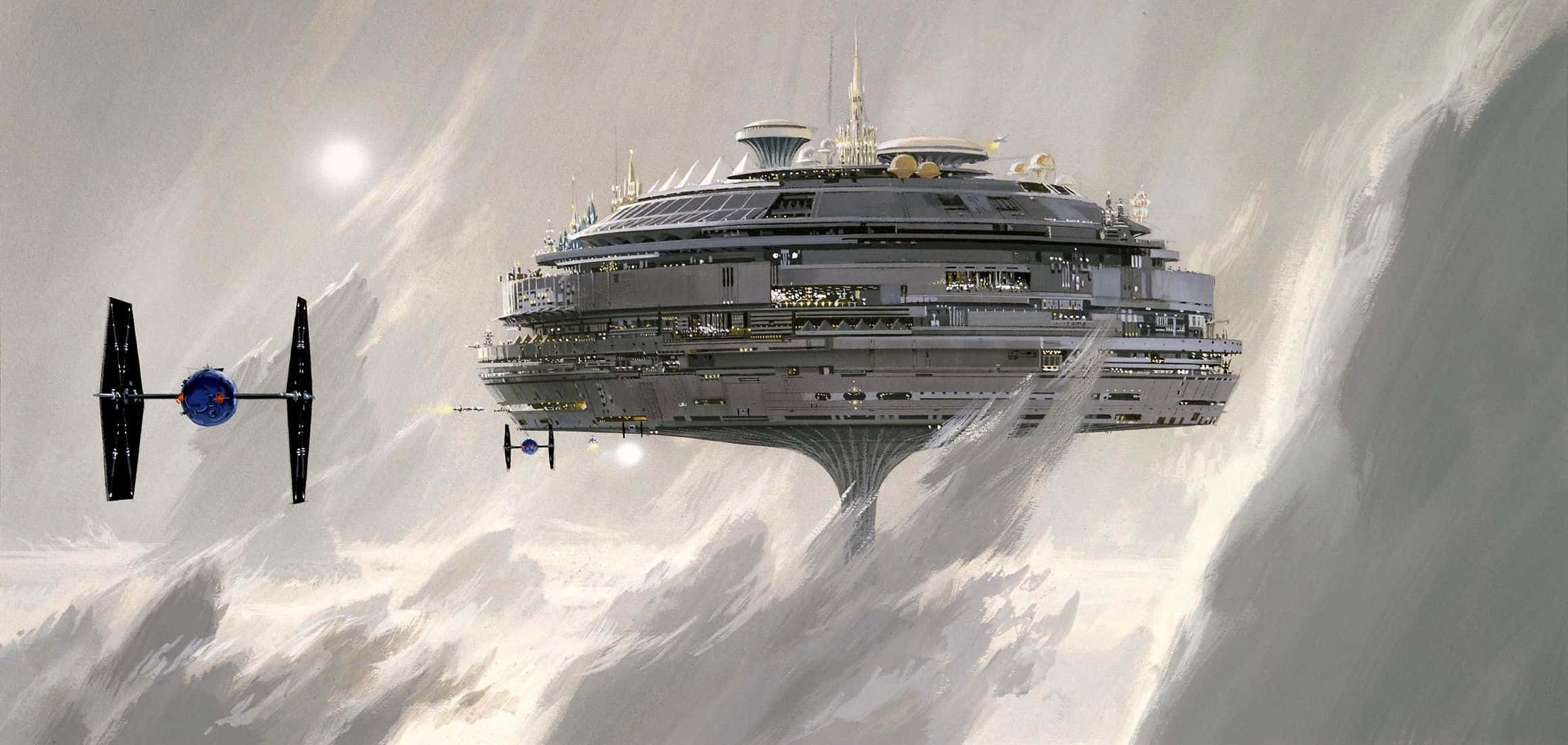 Bespin 桌布 壁紙 — 一個巨大的太空站漂浮在旋轉的雲層中，TIE戰機在戲劇性的科幻場景中飛過。