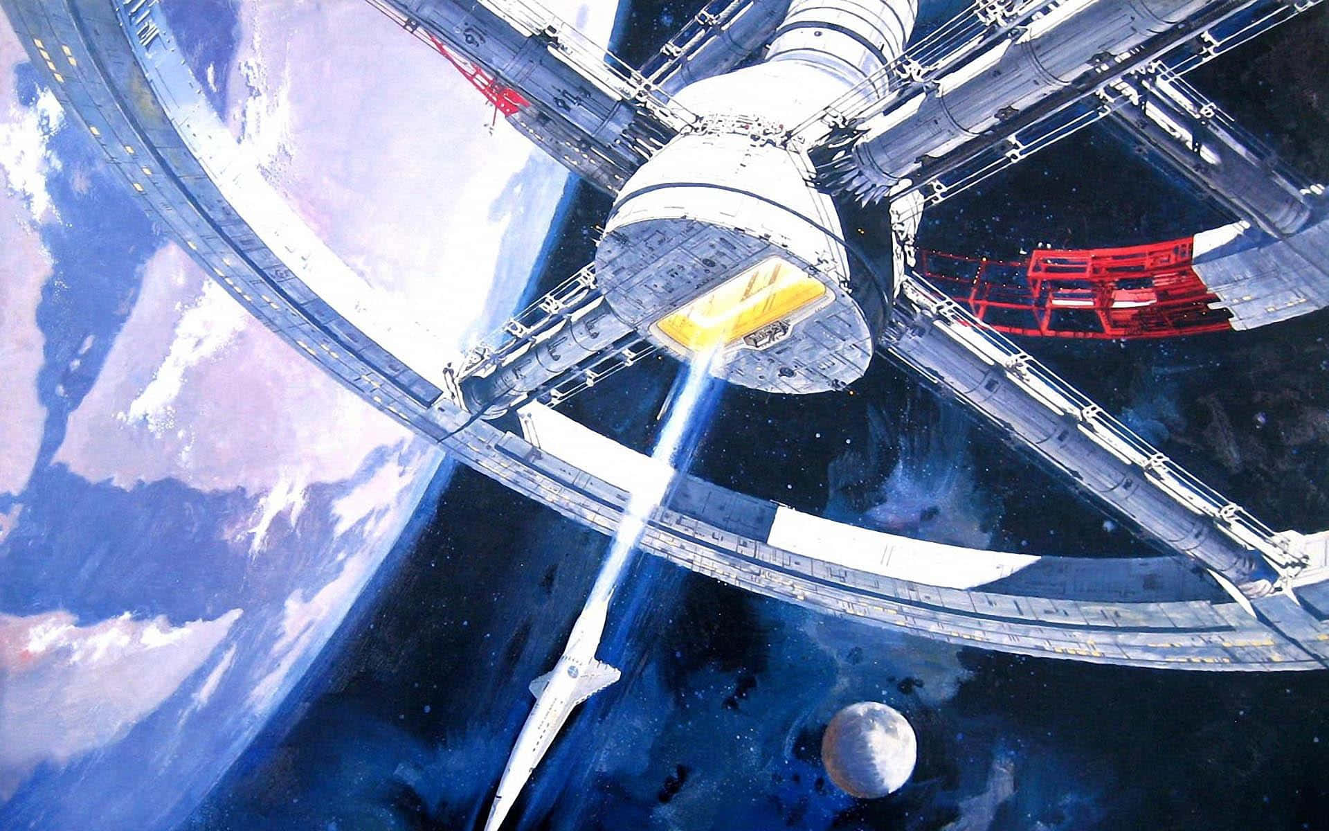 2001 A Space Odyssey 桌布 壁紙 — 一個巨大的太空站繞地球運行，一枚火箭從其對接艙發射，背景是繁星點點。